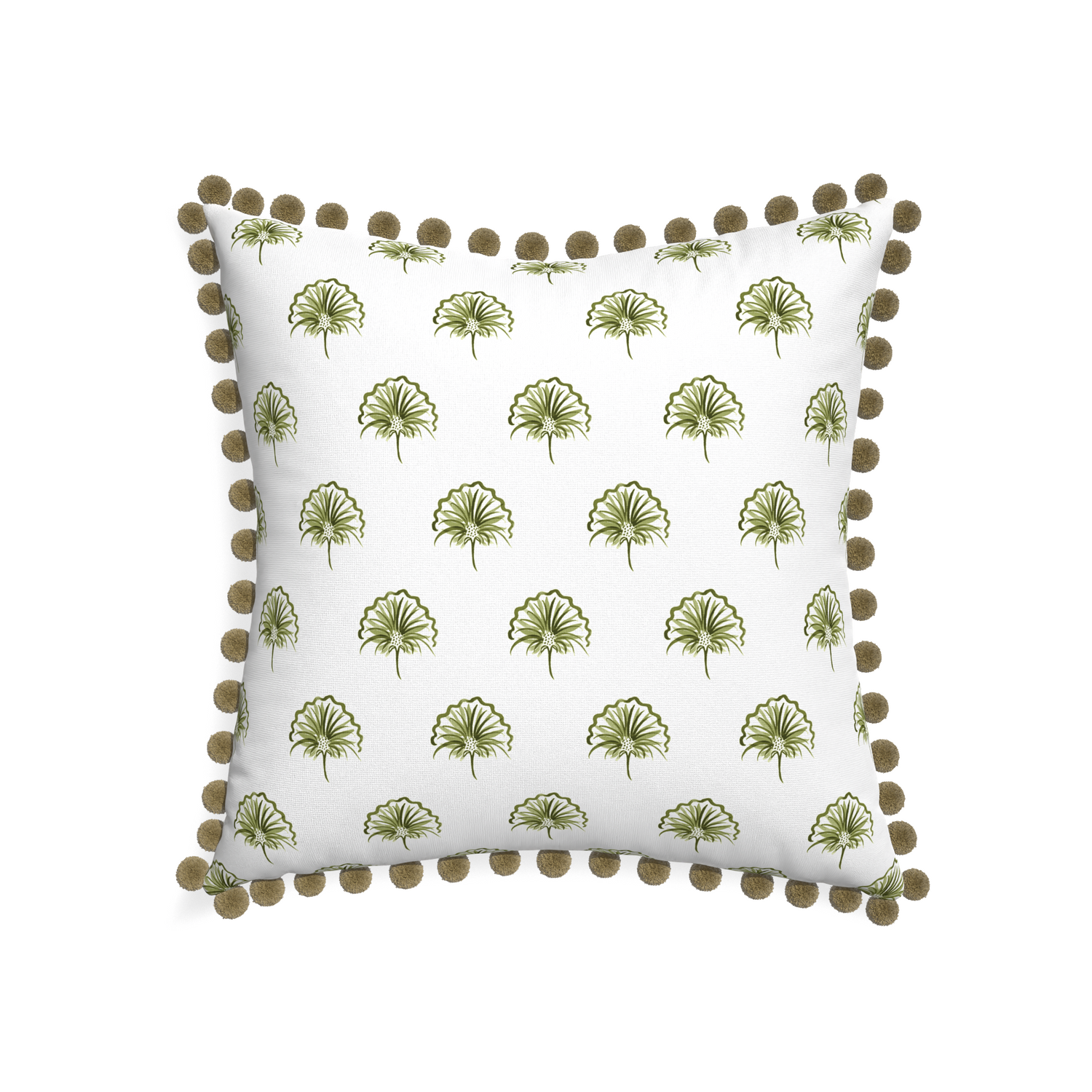 22-square penelope moss custom pillow with olive pom pom on white background