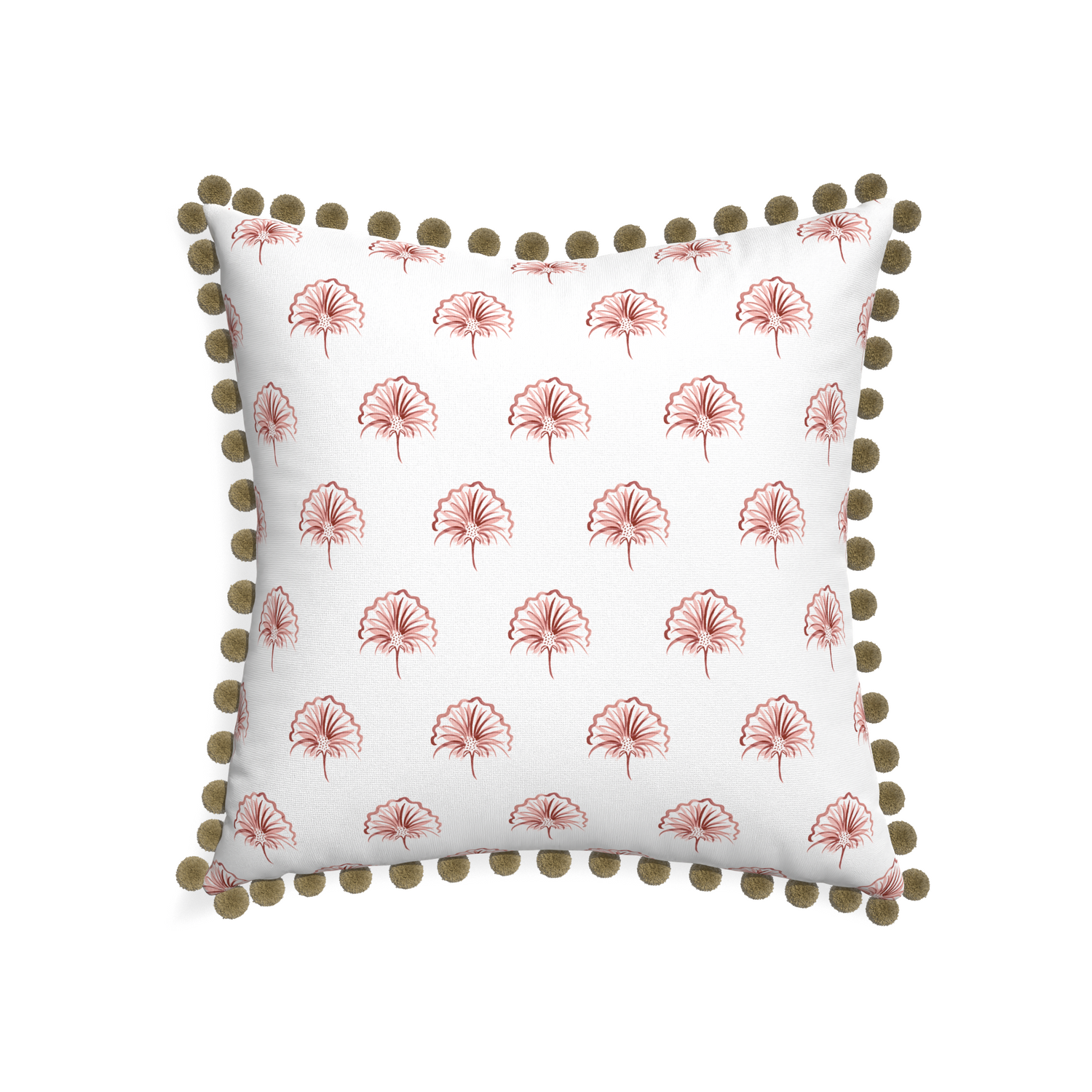 22-square penelope rose custom floral pinkpillow with olive pom pom on white background