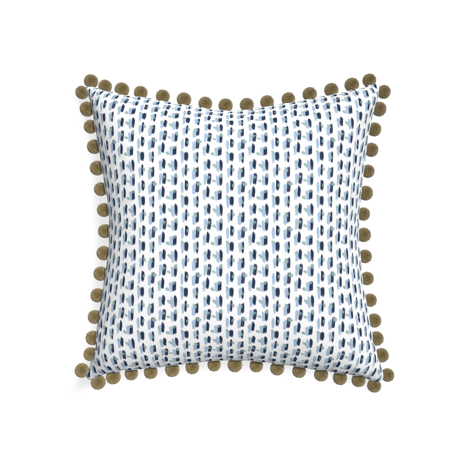 22-square poppy blue custom pillow with olive pom pom on white background