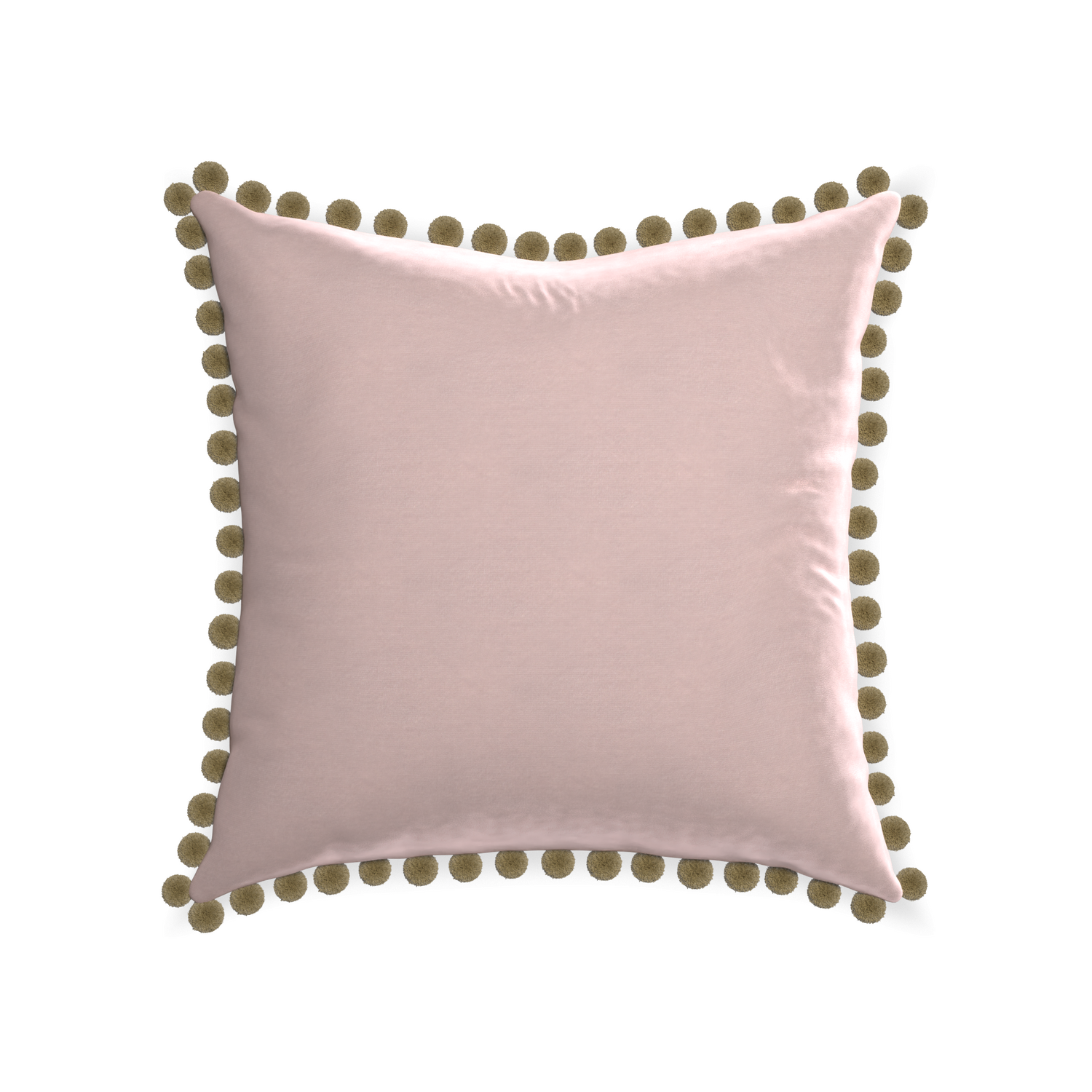 22-square rose velvet custom pillow with olive pom pom on white background