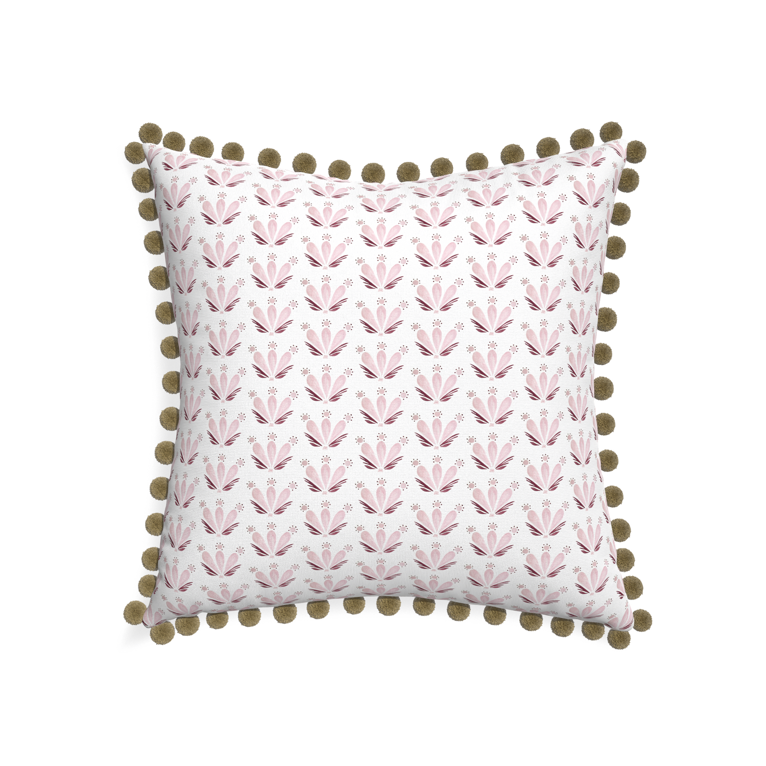 22-square serena pink custom pink & burgundy drop repeat floralpillow with olive pom pom on white background