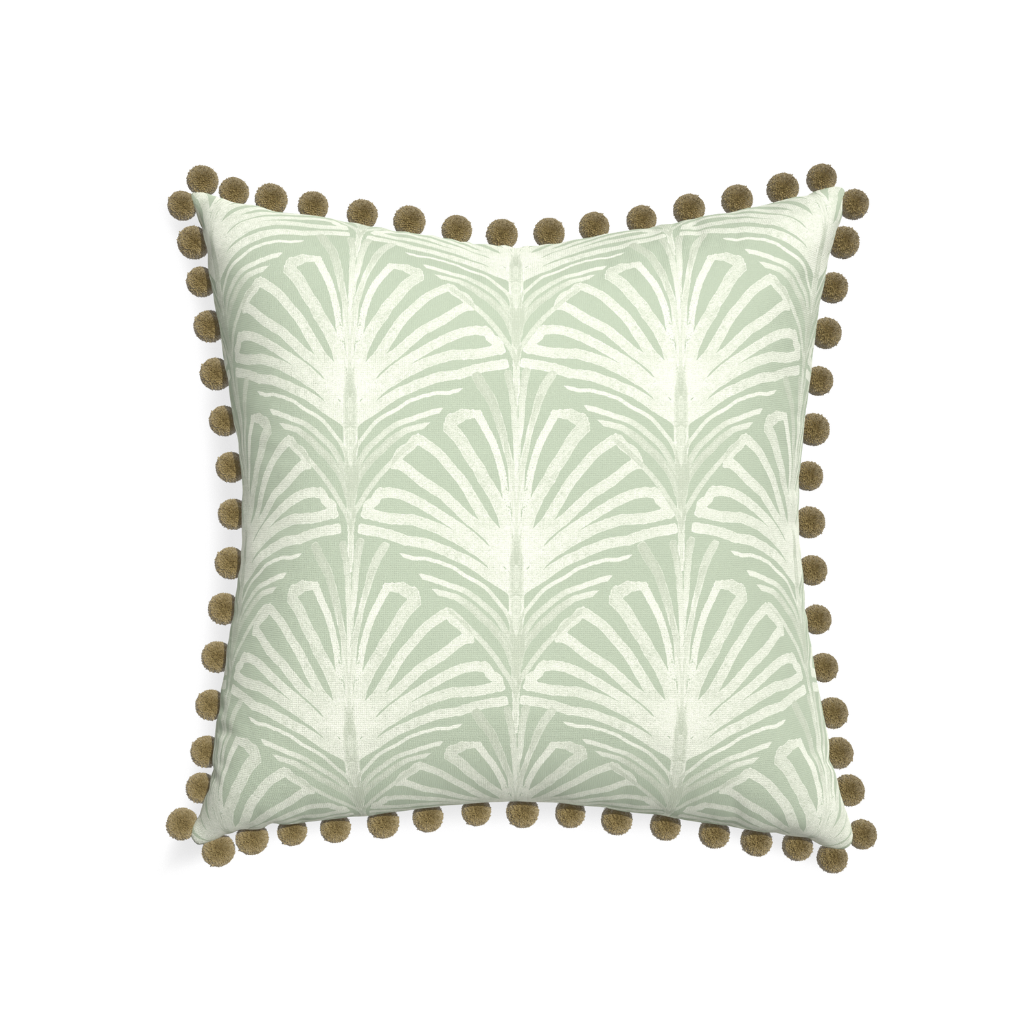 22-square suzy sage custom sage green palmpillow with olive pom pom on white background