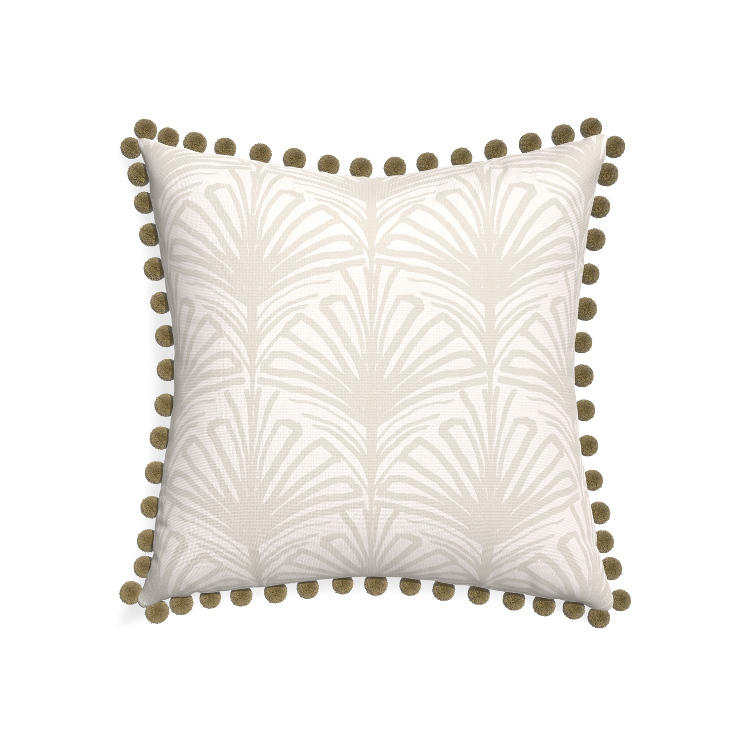 22-square suzy sand custom beige palmpillow with olive pom pom on white background