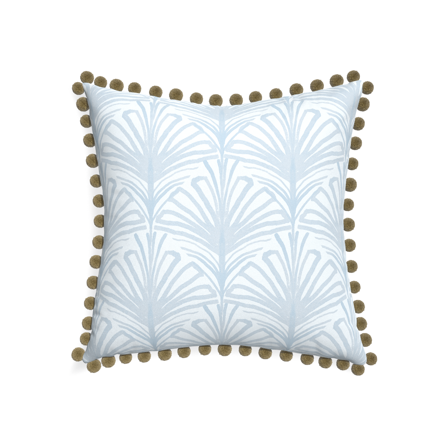 22-square suzy sky custom pillow with olive pom pom on white background