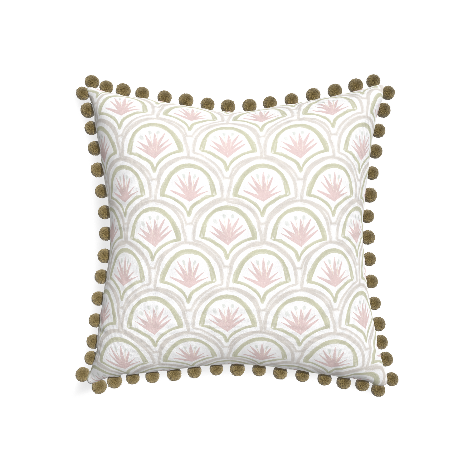 22-square thatcher rose custom pillow with olive pom pom on white background