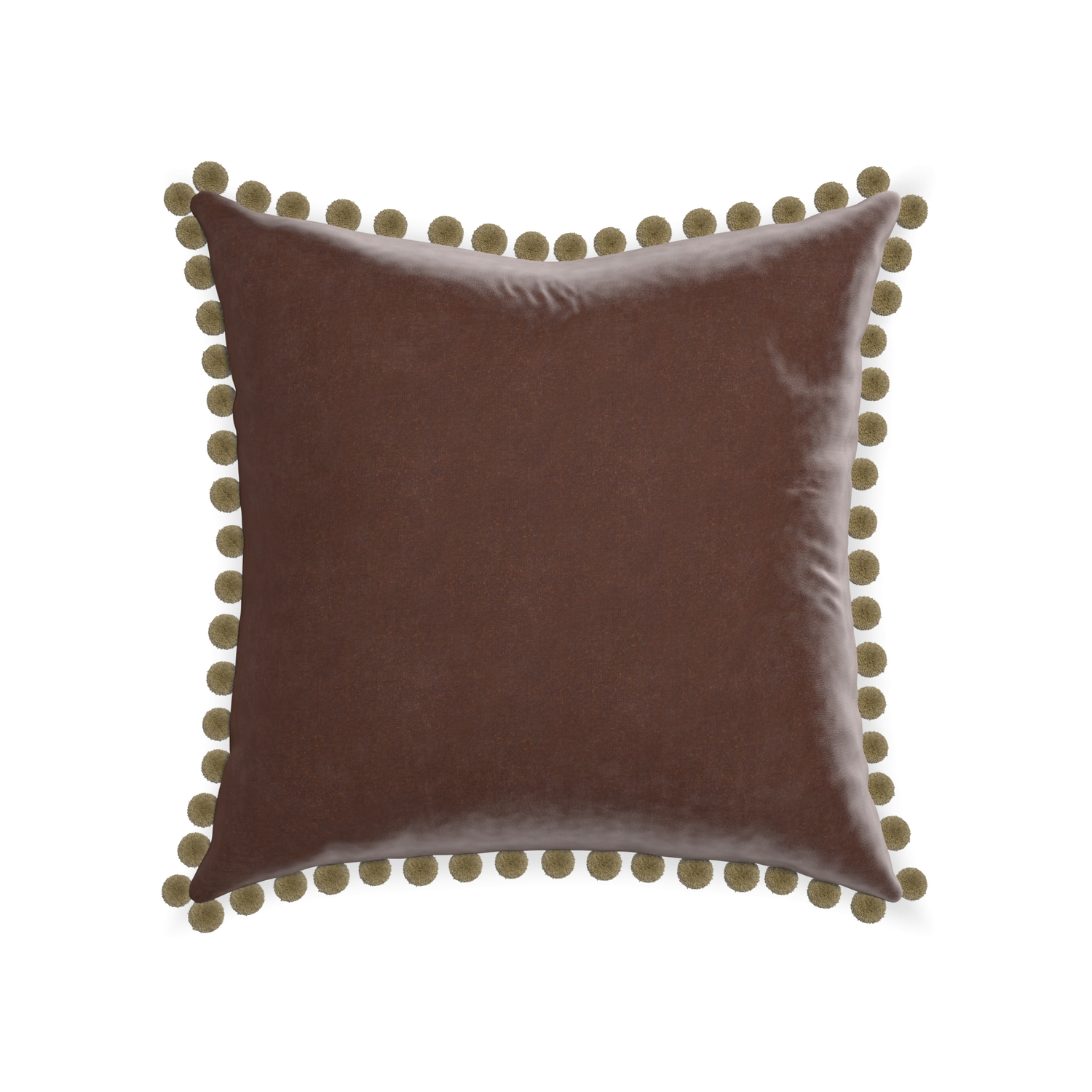 square brown velvet pillow with olive green pom poms