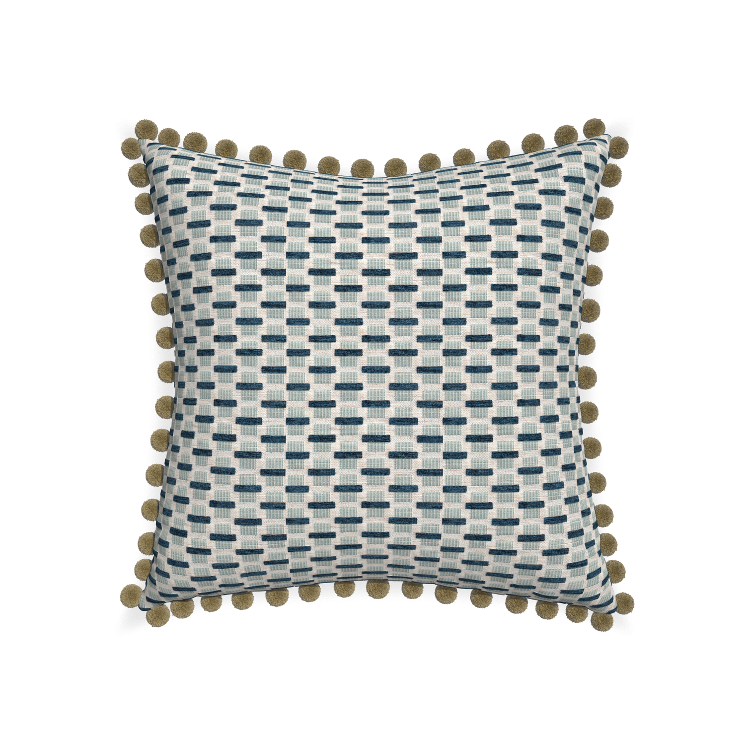 22-square willow amalfi custom blue geometric chenillepillow with olive pom pom on white background