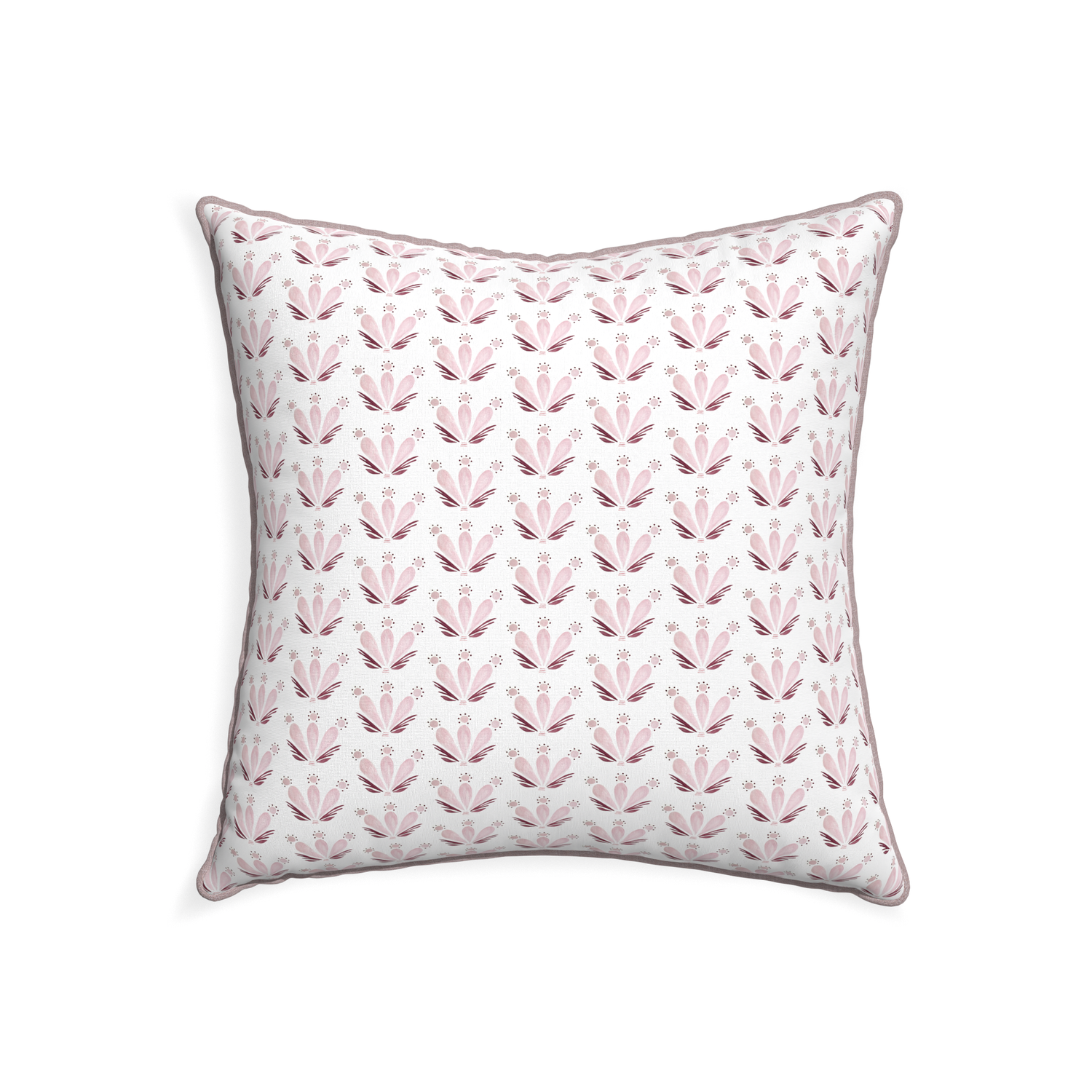 22-square serena pink custom pink & burgundy drop repeat floralpillow with orchid piping on white background