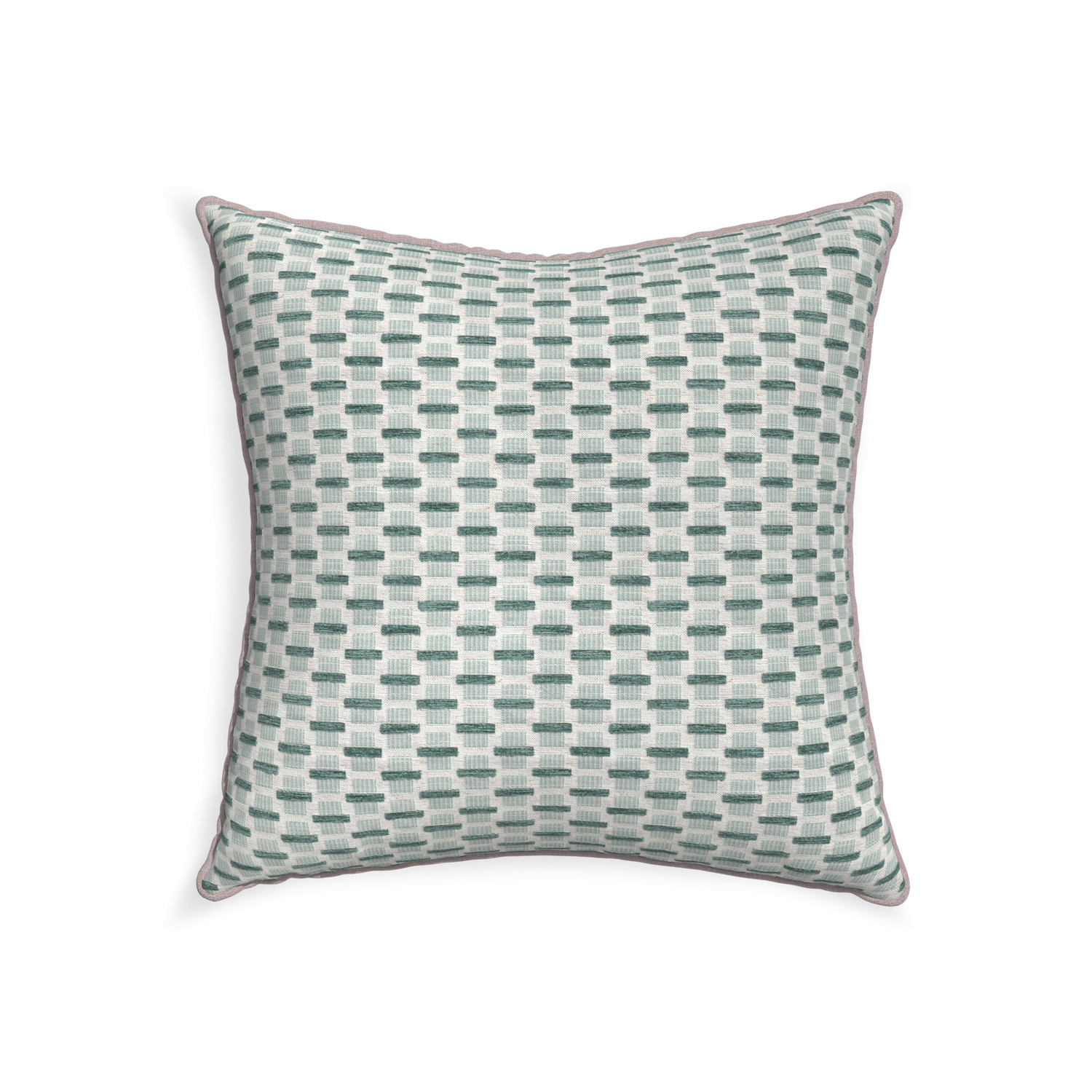 22-square willow mint custom green geometric chenillepillow with orchid piping on white background