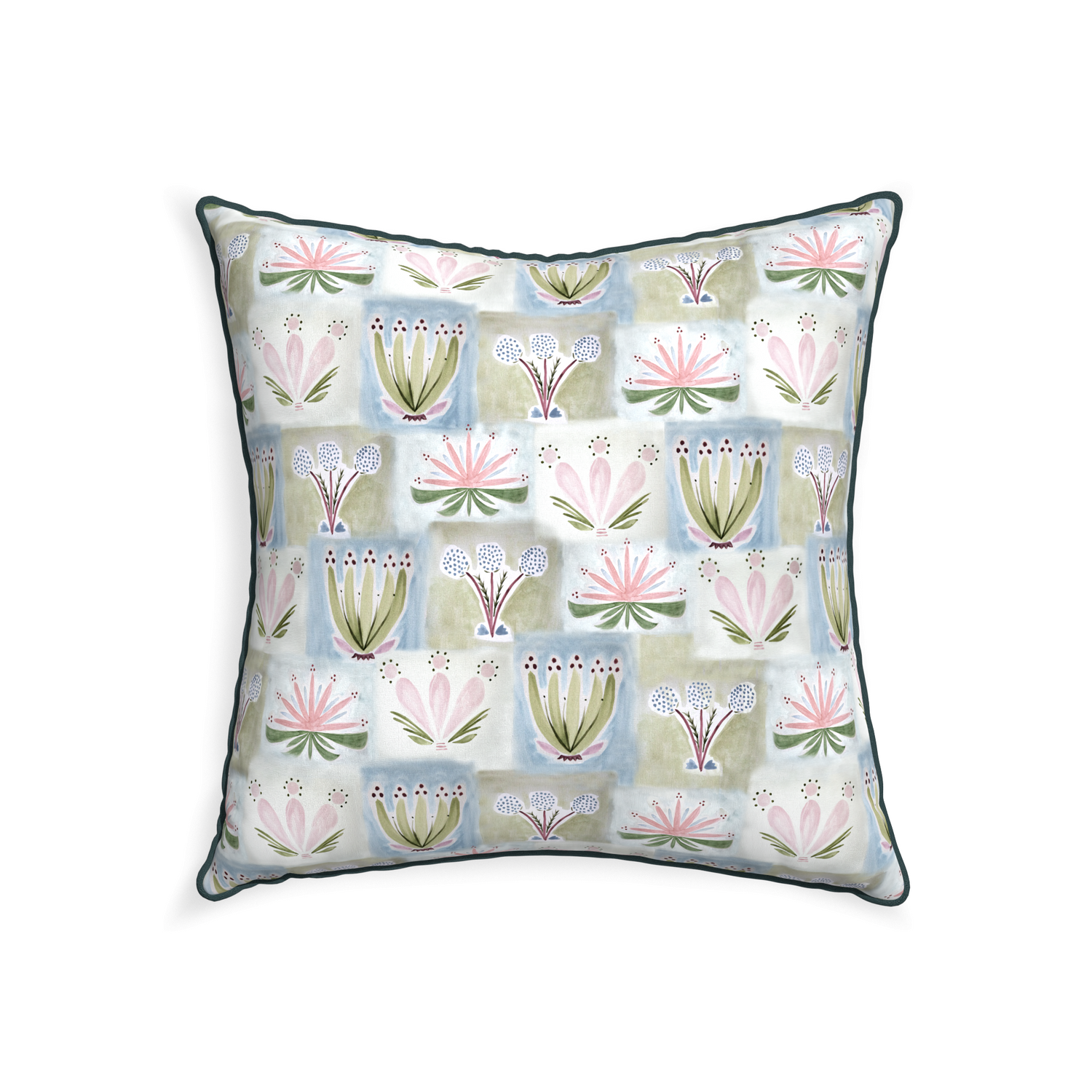 22-square harper custom hand-painted floralpillow with p piping on white background