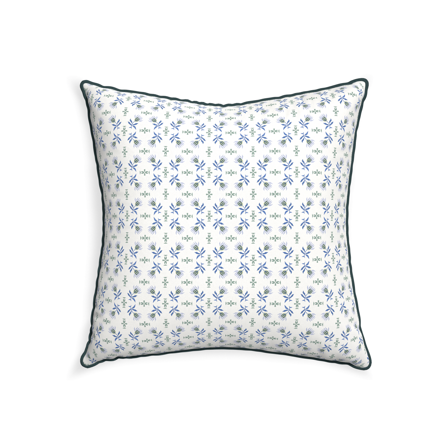 22-square lee custom blue & green floralpillow with p piping on white background