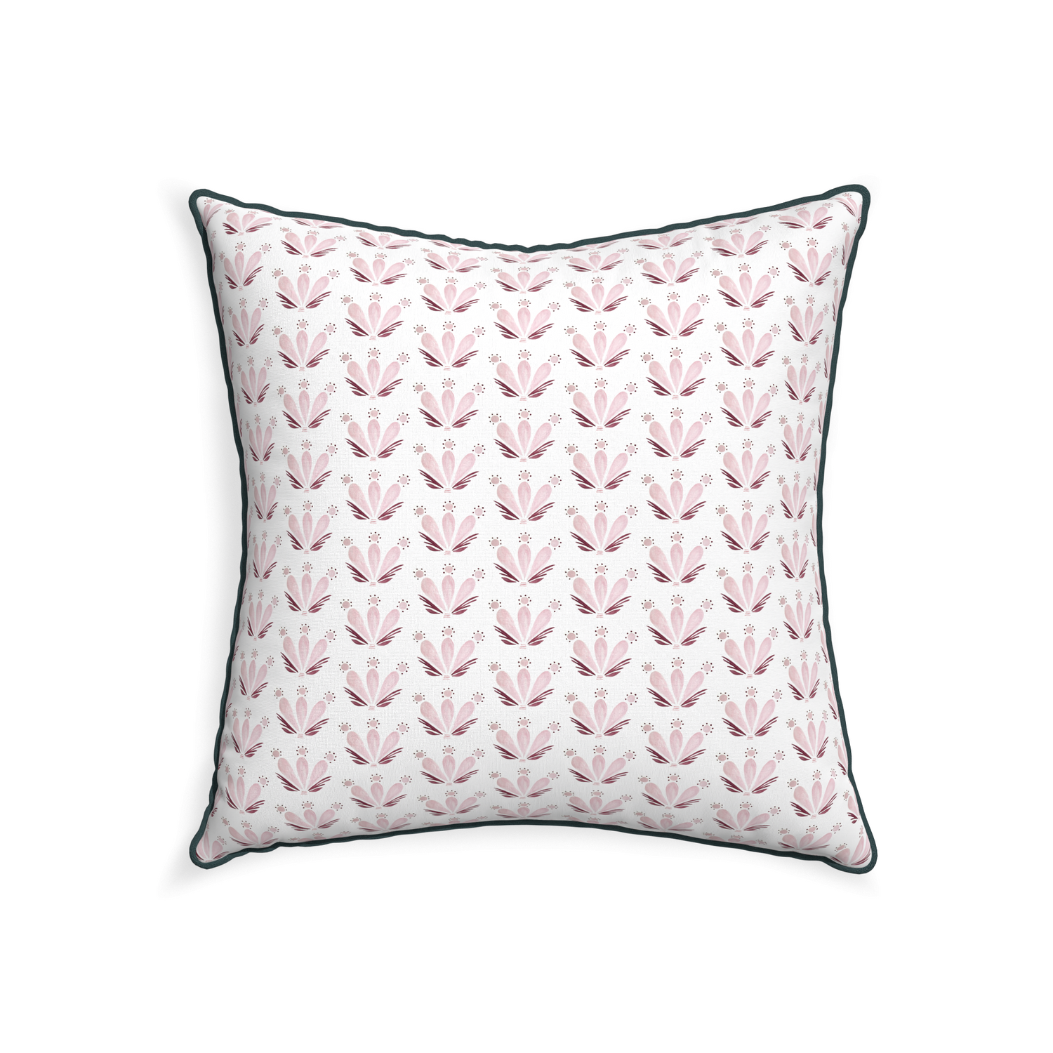 22-square serena pink custom pink & burgundy drop repeat floralpillow with p piping on white background