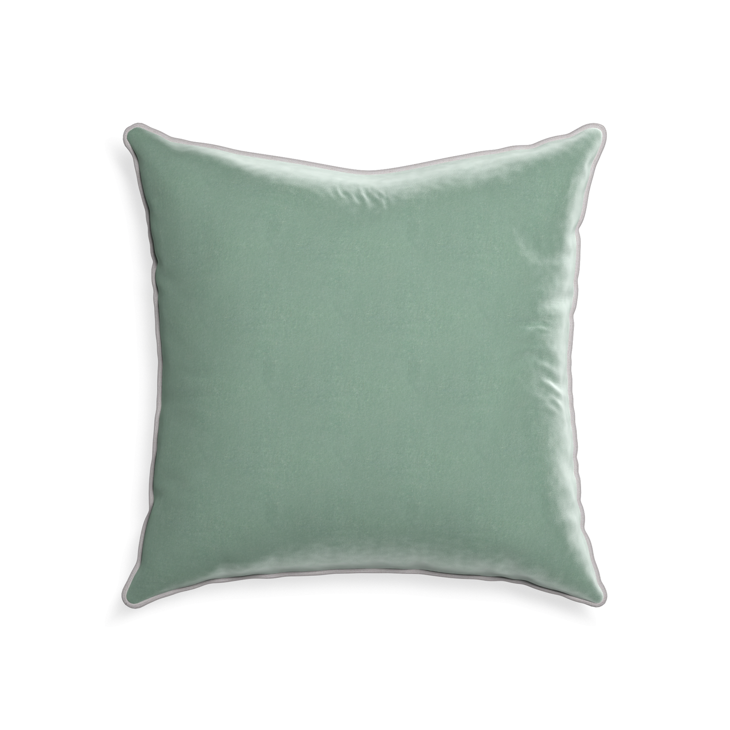 square blue green velvet pillow with gray piping