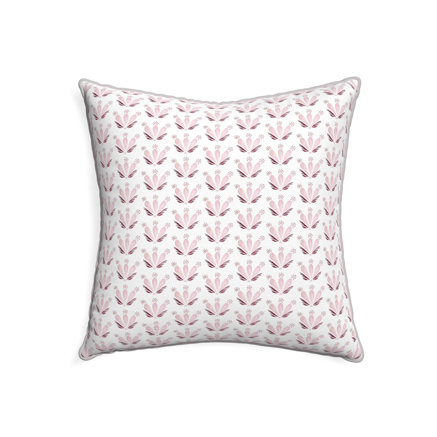 22-square serena pink custom pink & burgundy drop repeat floralpillow with pebble piping on white background