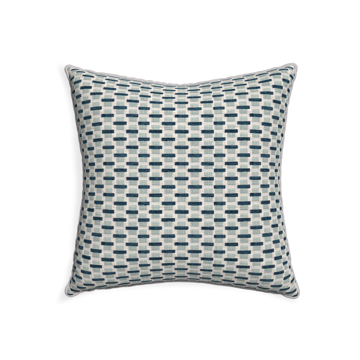 22-square willow amalfi custom blue geometric chenillepillow with pebble piping on white background