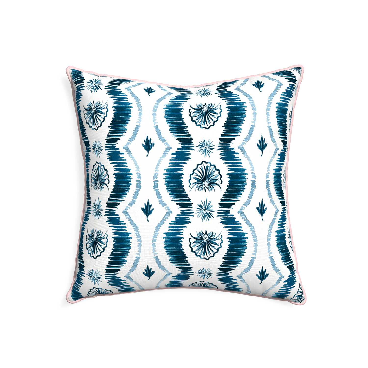 22-square alice custom blue ikatpillow with petal piping on white background