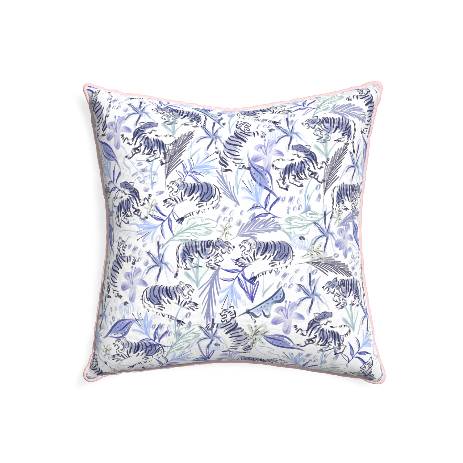 22-square frida blue custom blue with intricate tiger designpillow with petal piping on white background