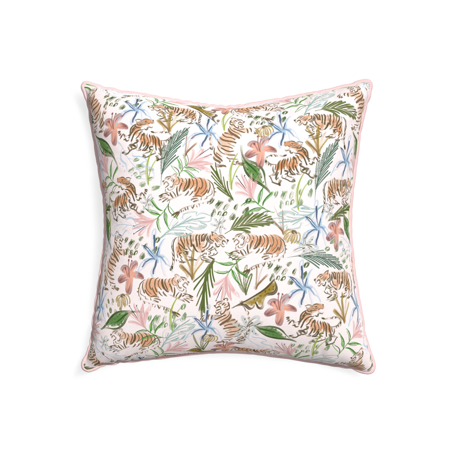 22-square frida pink custom pink chinoiserie tigerpillow with petal piping on white background