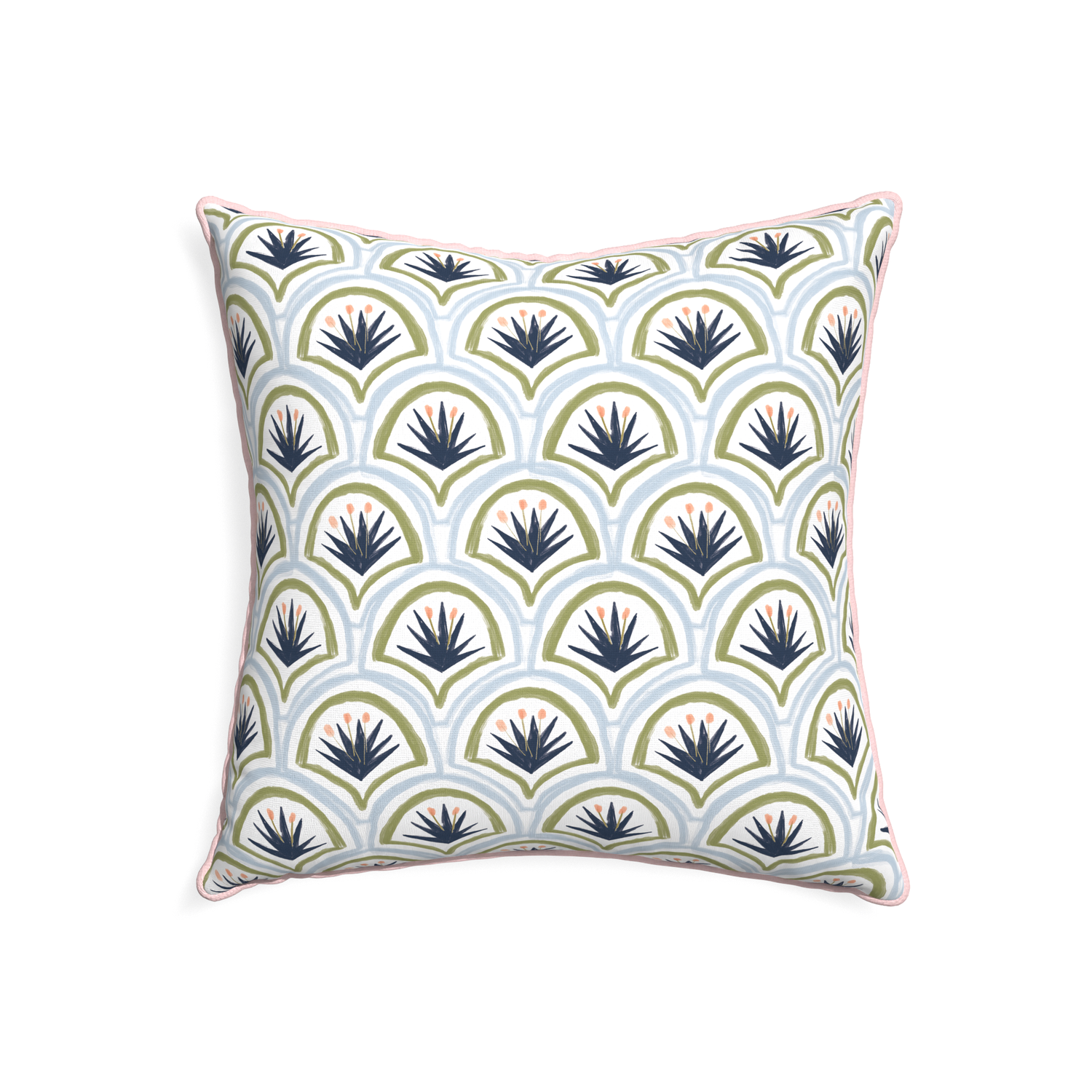 22-square thatcher midnight custom art deco palm patternpillow with petal piping on white background