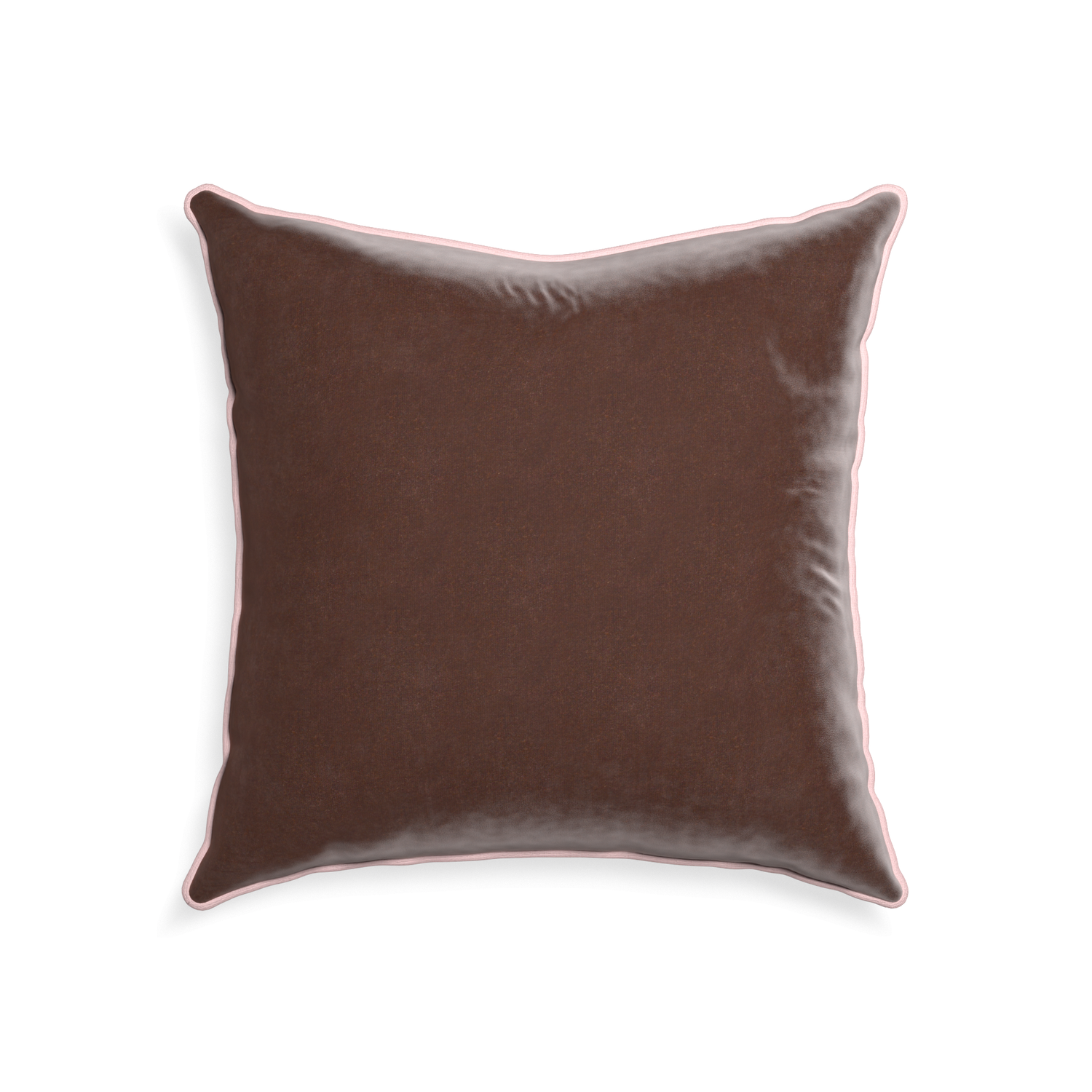 square brown velvet pillow with light pink piping