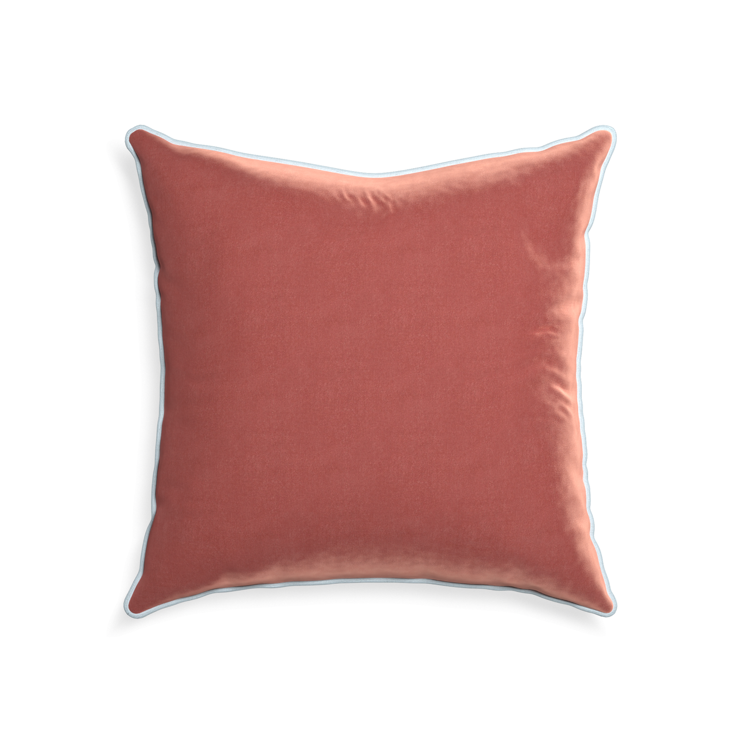 square coral velvet pillow with light blue piping