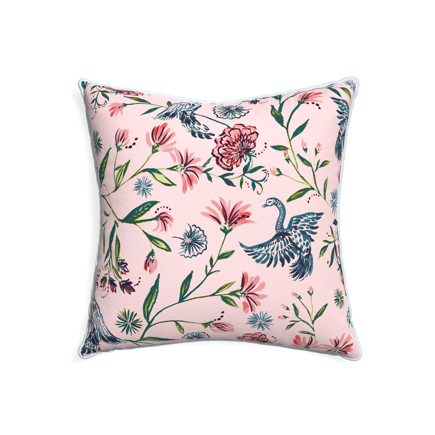 22-square daphne rose custom pillow with powder piping on white background