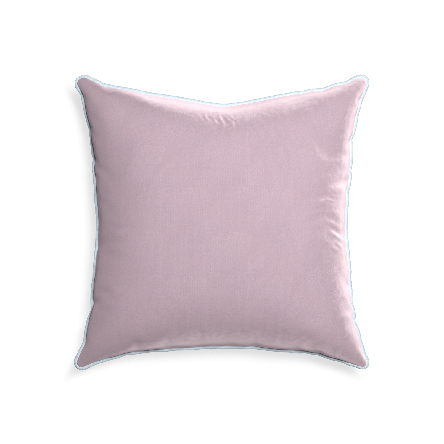 22-square lilac velvet custom pillow with powder piping on white background