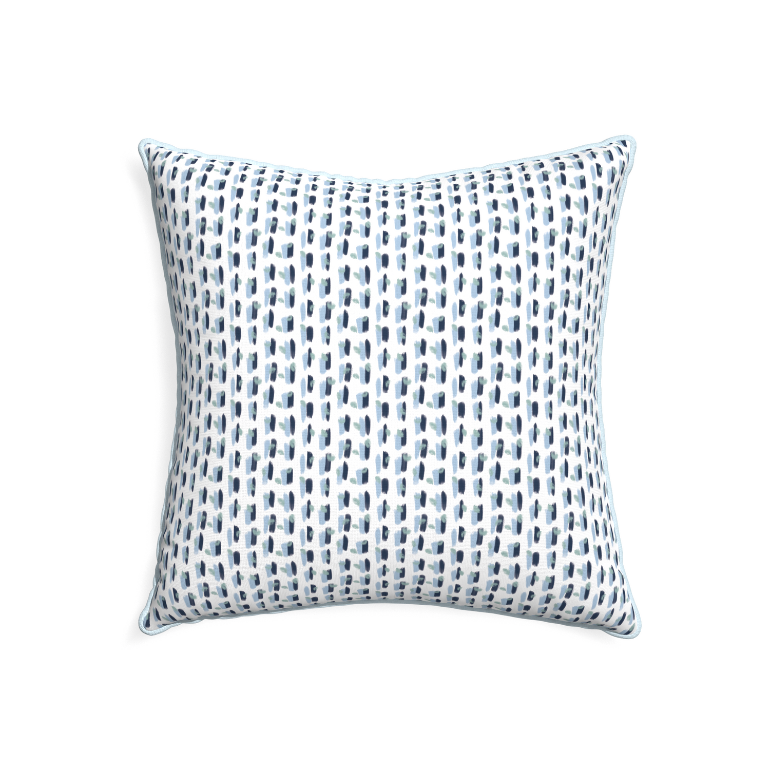 22-square poppy blue custom pillow with powder piping on white background