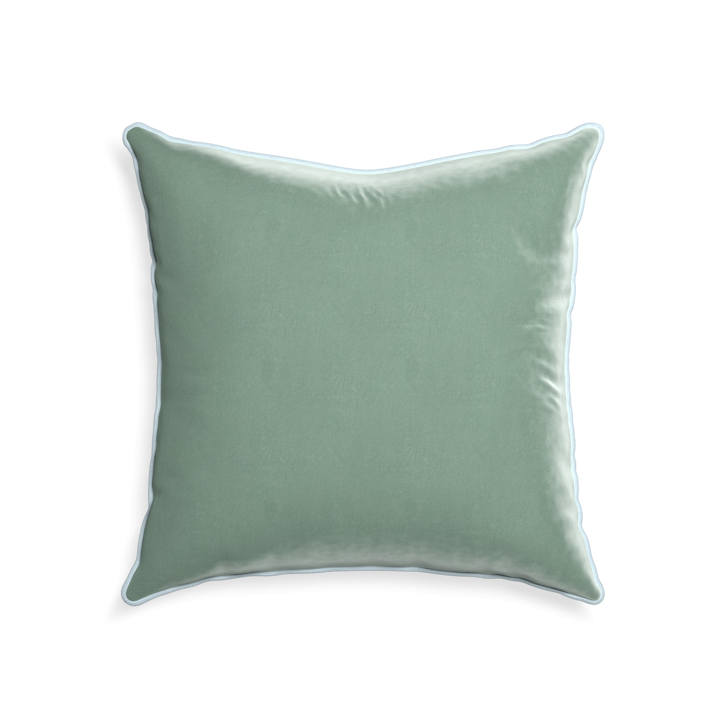 square blue green velvet pillow with light blue piping