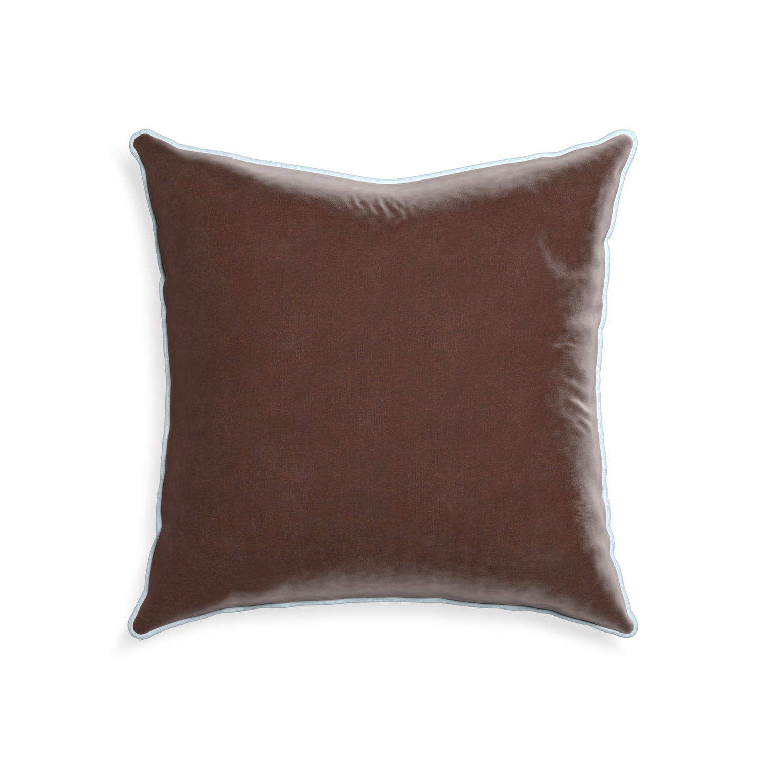 22-square walnut velvet custom pillow with powder piping on white background