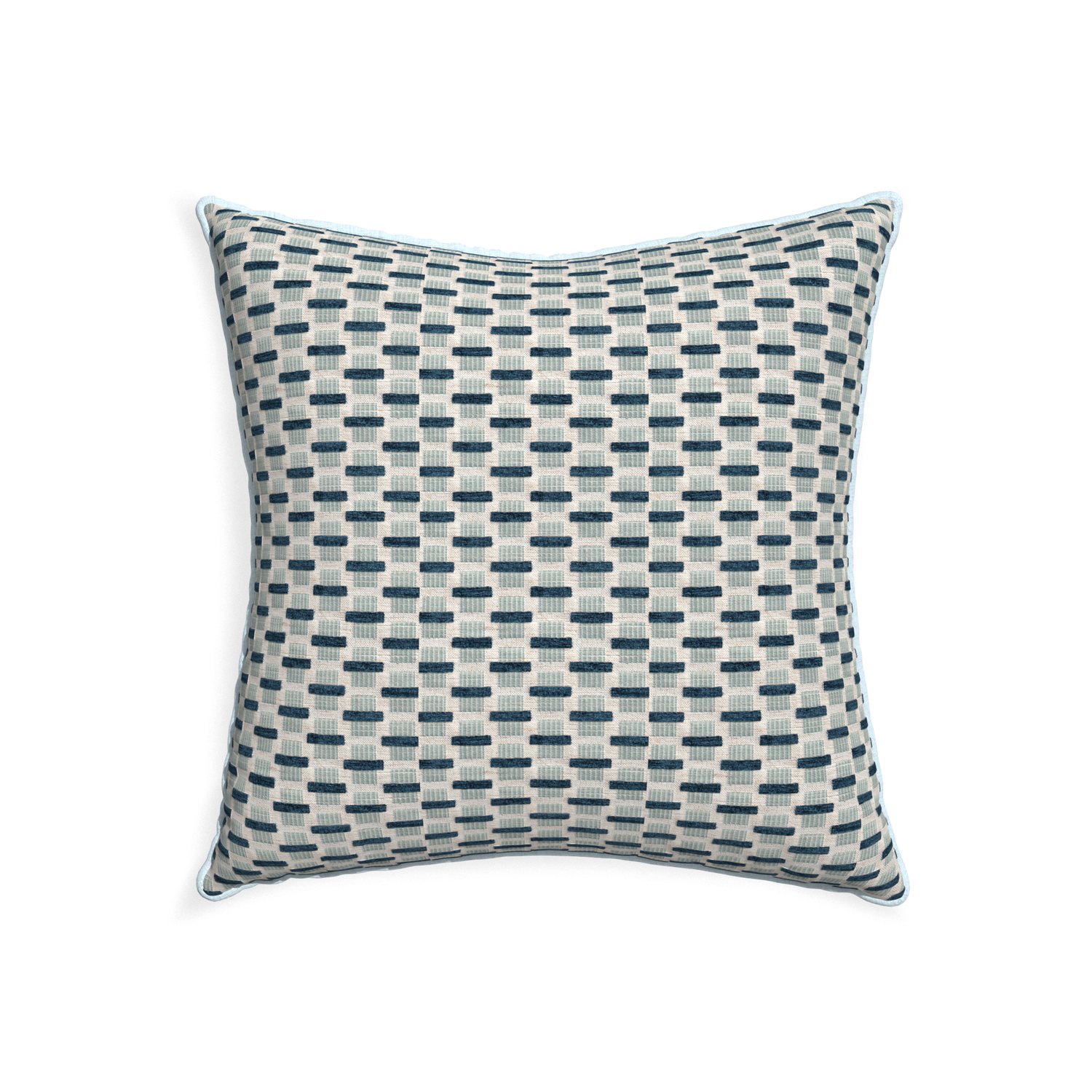 22-square willow amalfi custom blue geometric chenillepillow with powder piping on white background