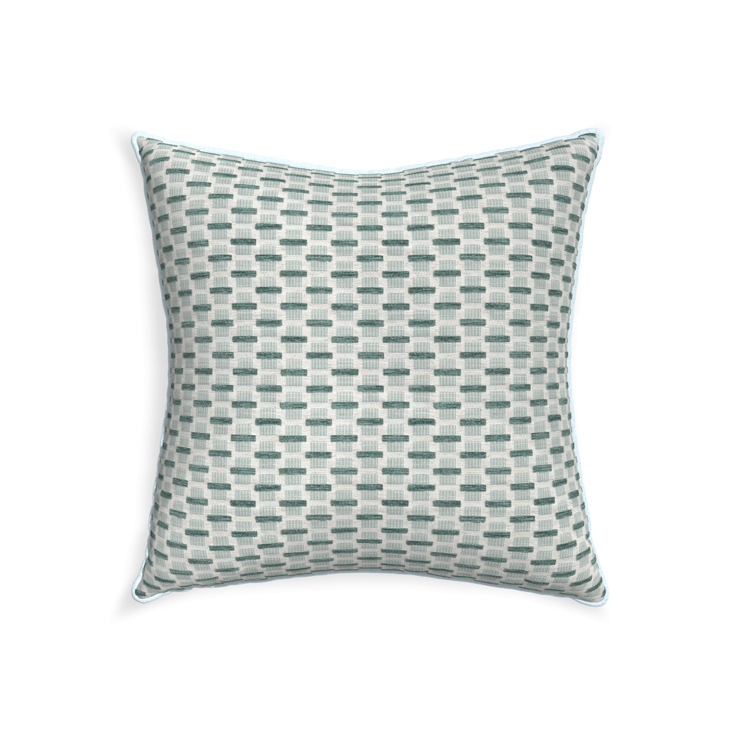 22-square willow mint custom green geometric chenillepillow with powder piping on white background