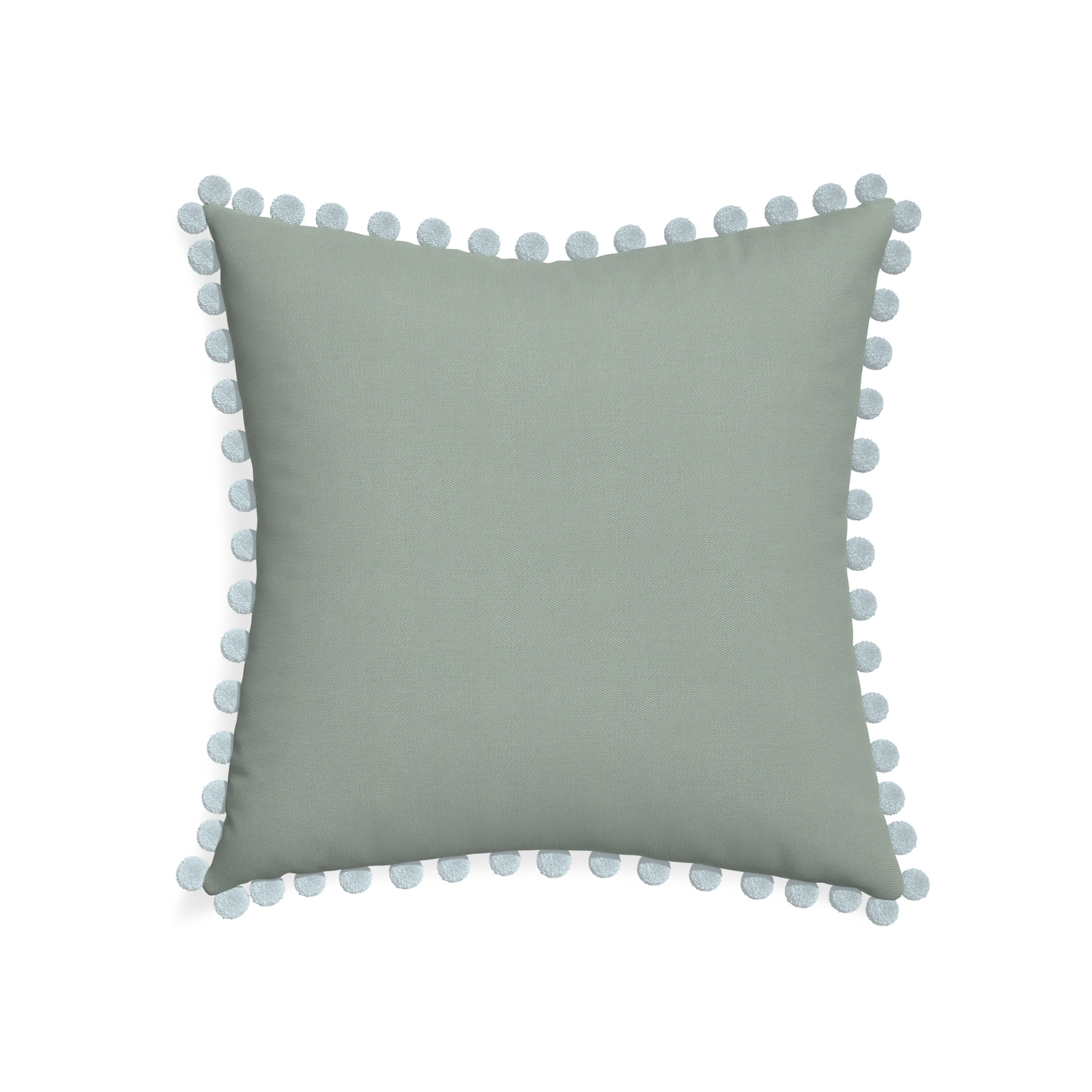 22-square sage custom pillow with powder pom pom on white background
