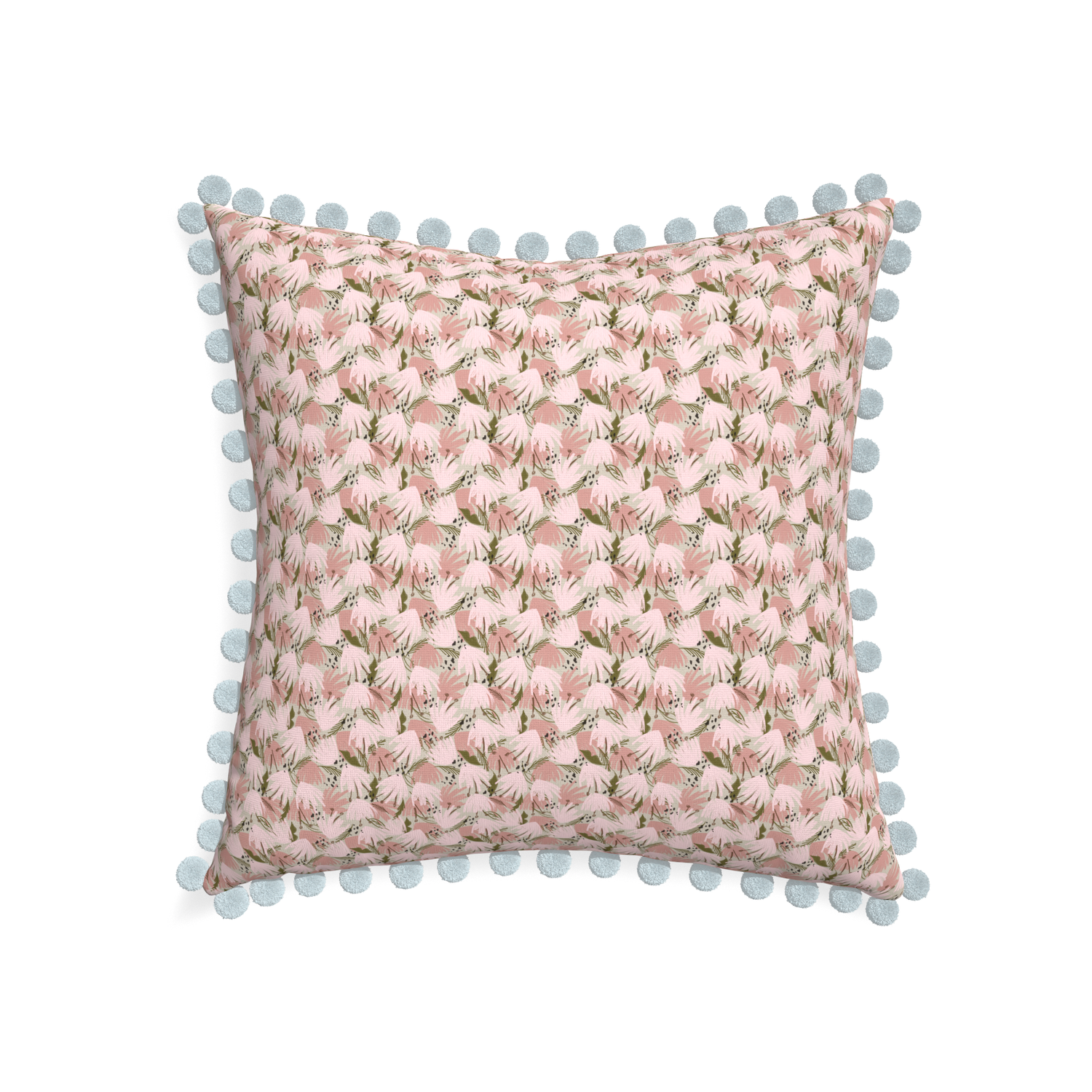 22-square eden pink custom pink floralpillow with powder pom pom on white background