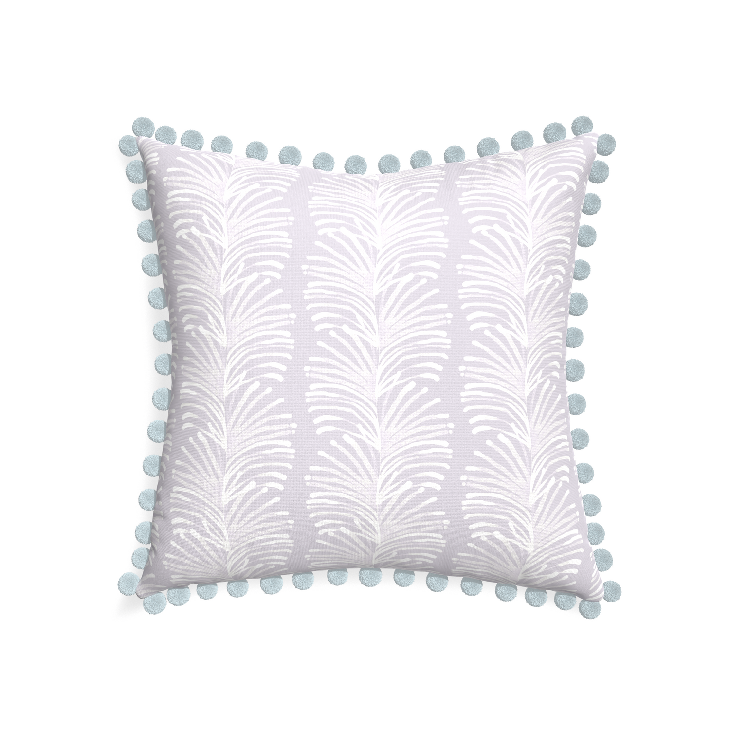 22-square emma lavender custom pillow with powder pom pom on white background
