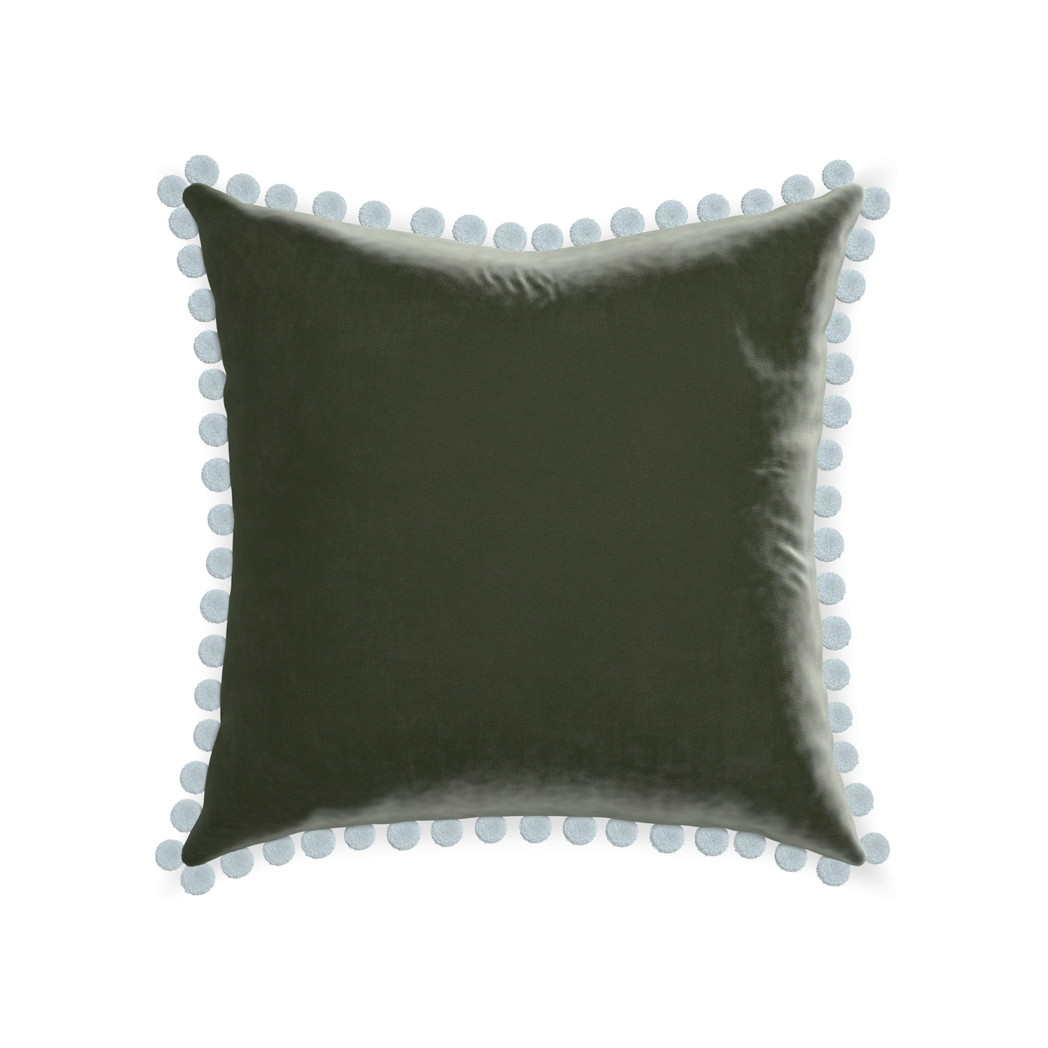 square fern green velvet pillow with light blue pom poms