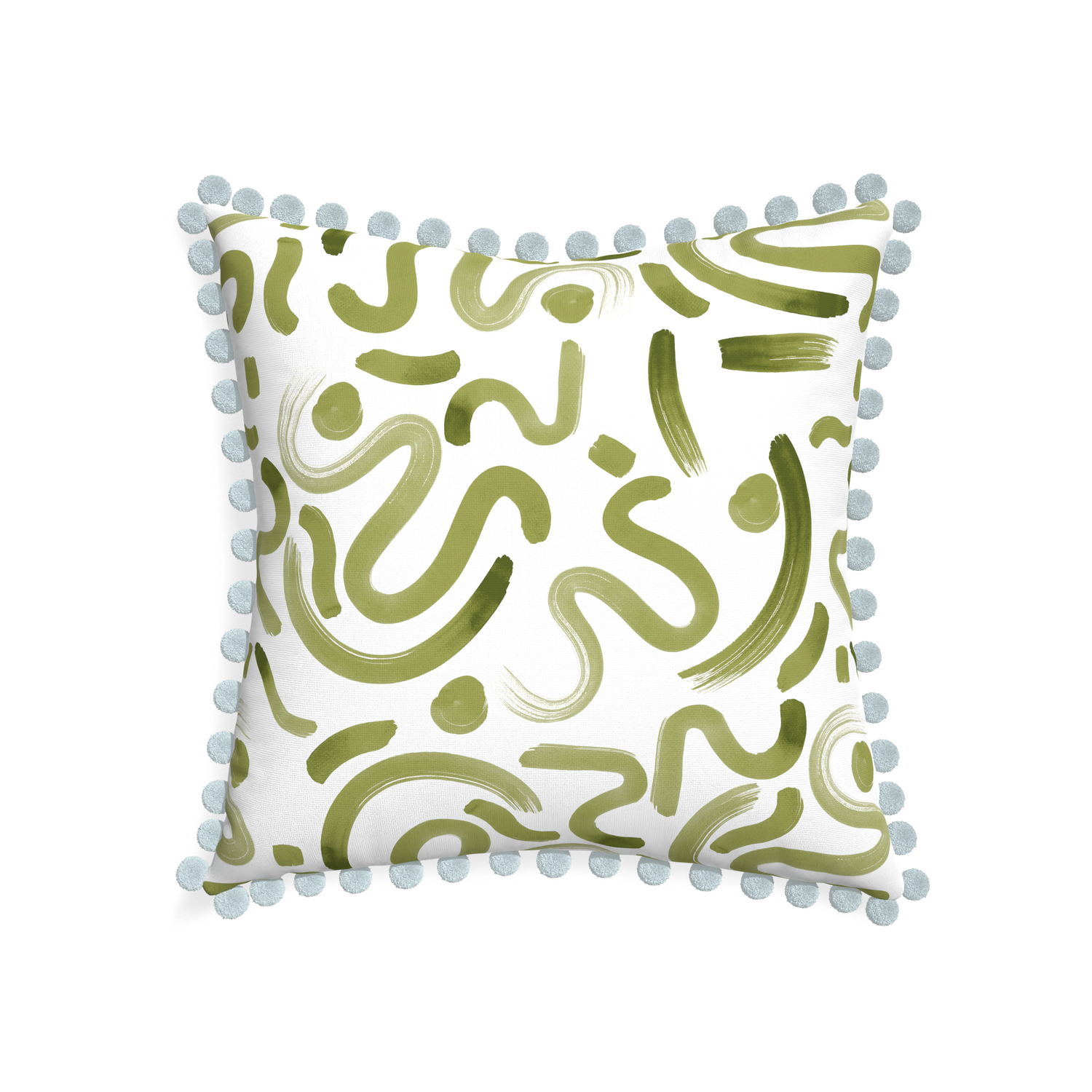 22-square hockney moss custom pillow with powder pom pom on white background
