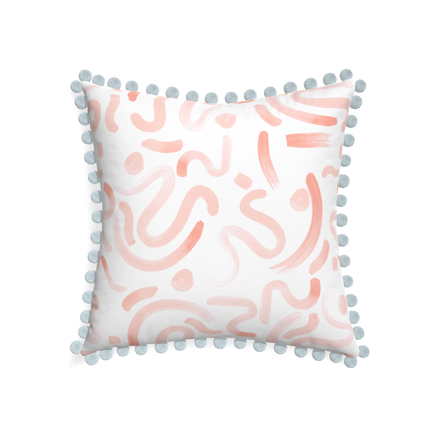 22-square hockney pink custom pillow with powder pom pom on white background