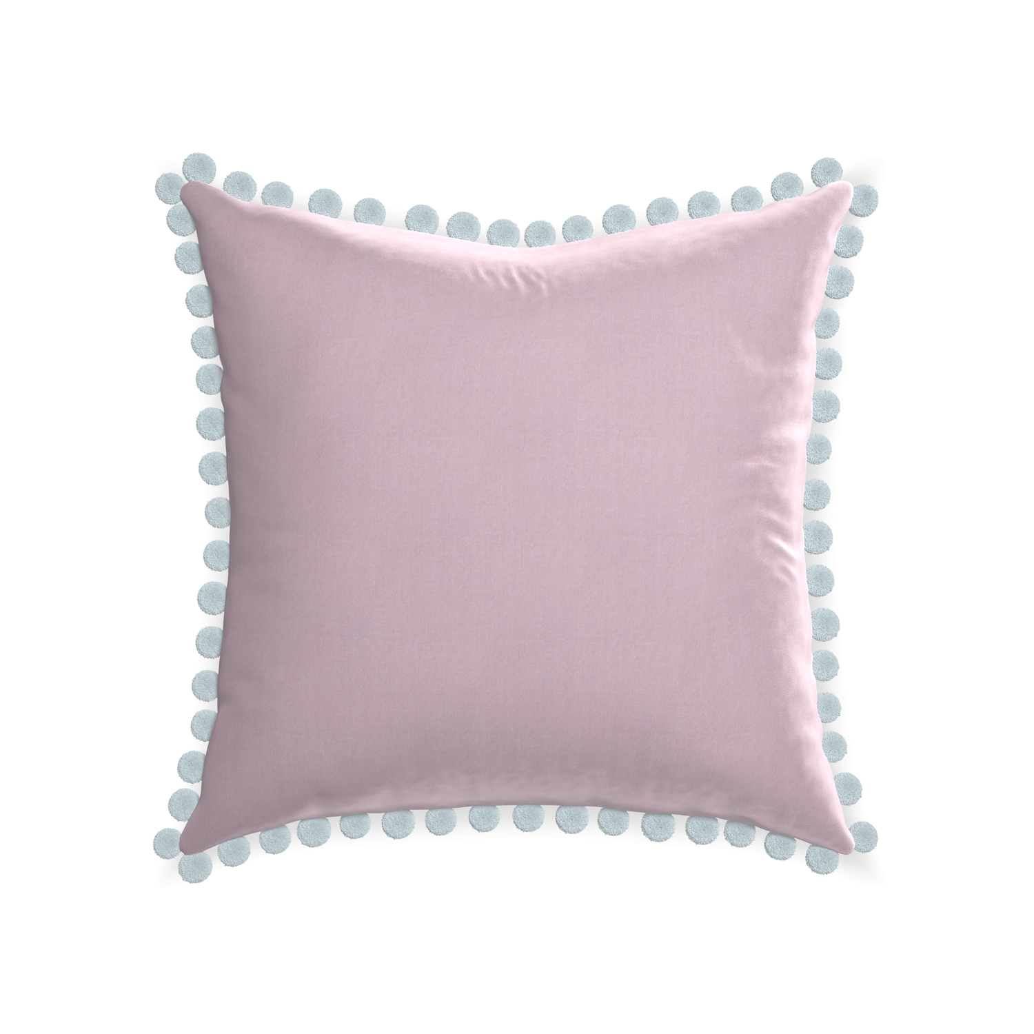 22-square lilac velvet custom pillow with powder pom pom on white background