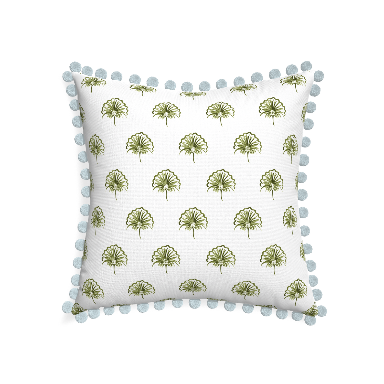 22-square penelope moss custom green floralpillow with powder pom pom on white background