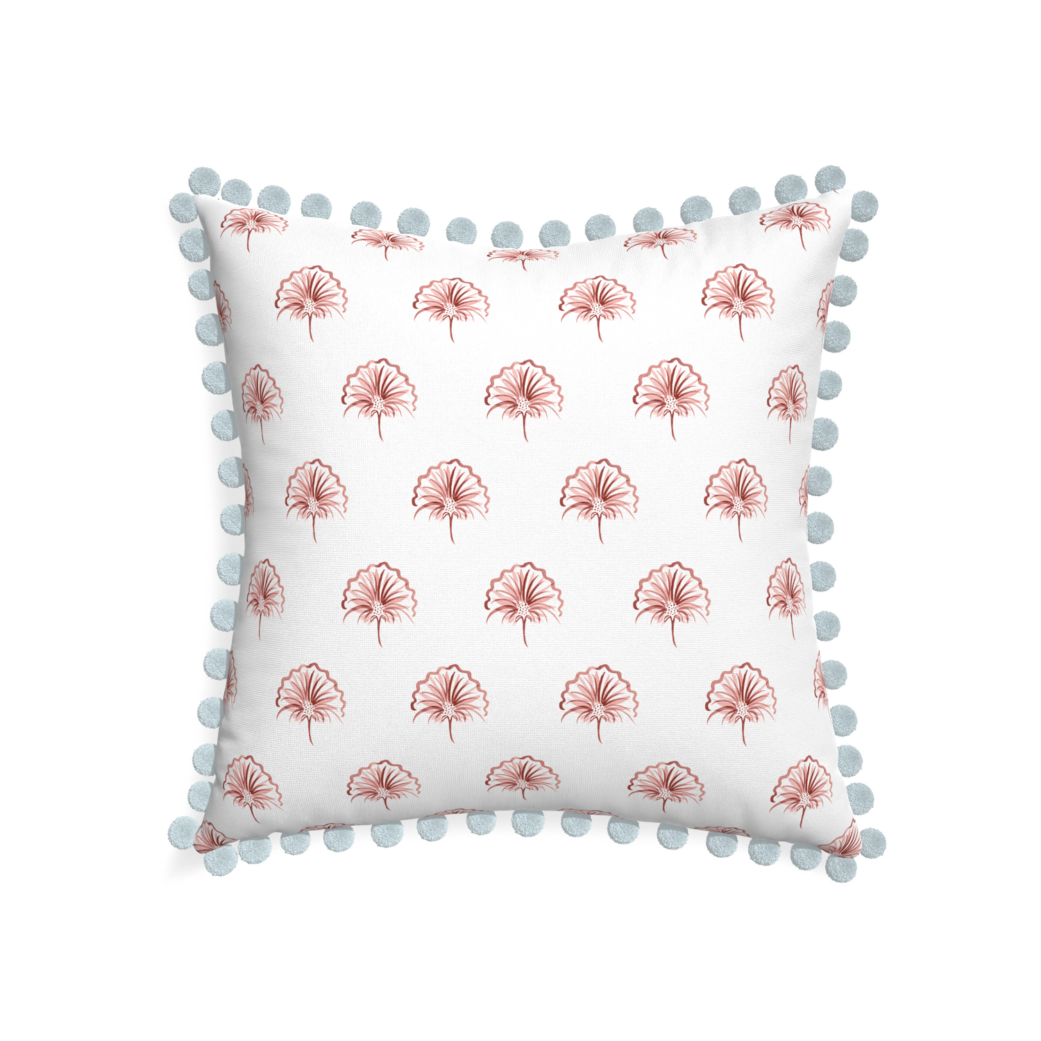 22-square penelope rose custom floral pinkpillow with powder pom pom on white background
