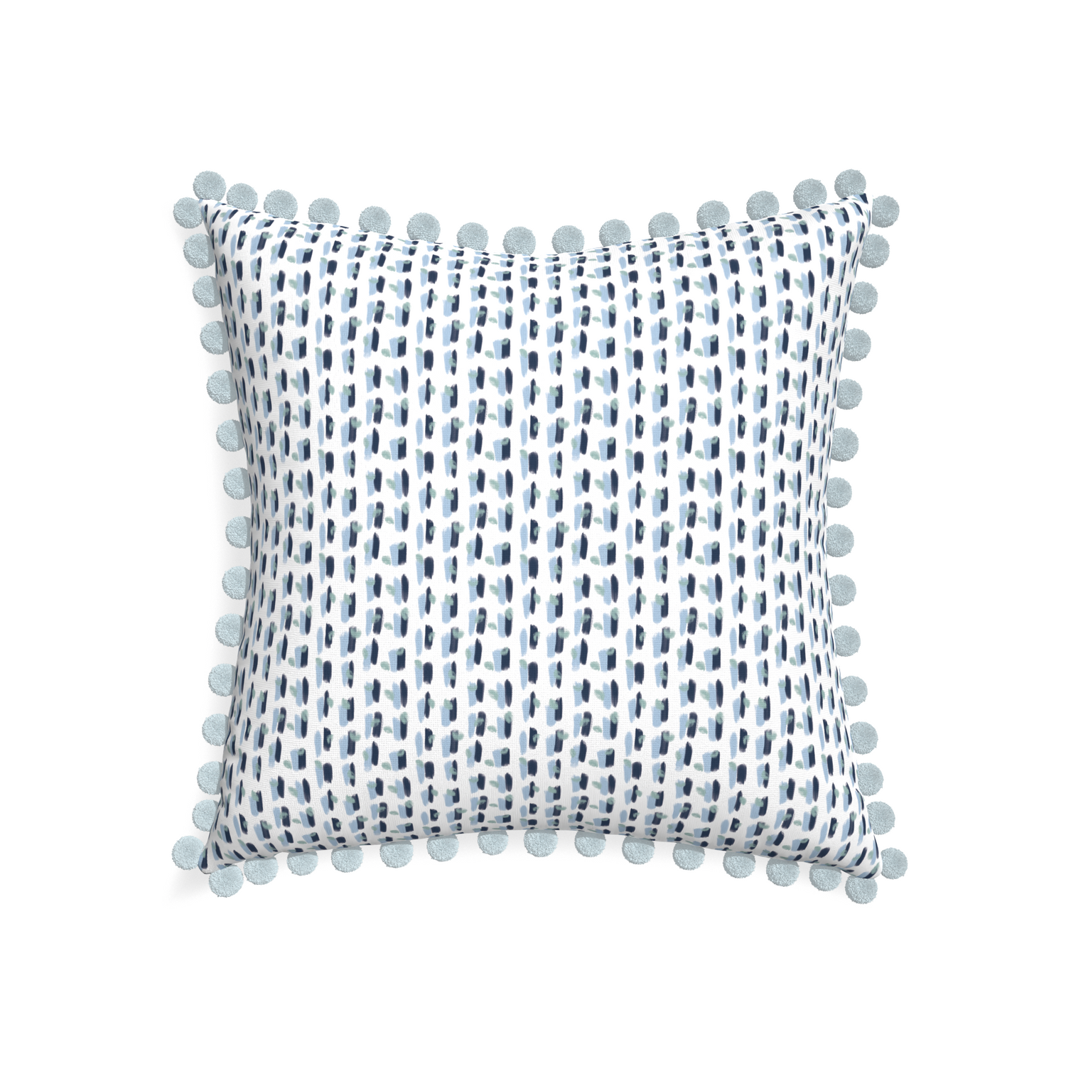 22-square poppy blue custom pillow with powder pom pom on white background