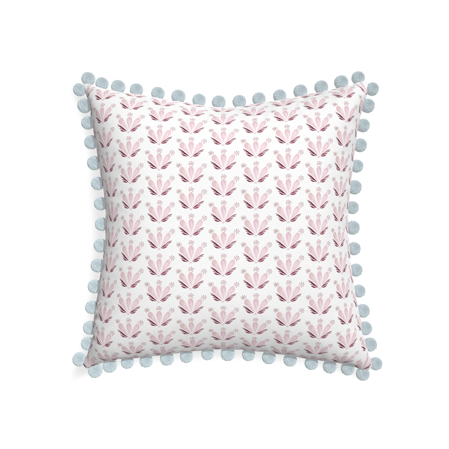22-square serena pink custom pink & burgundy drop repeat floralpillow with powder pom pom on white background