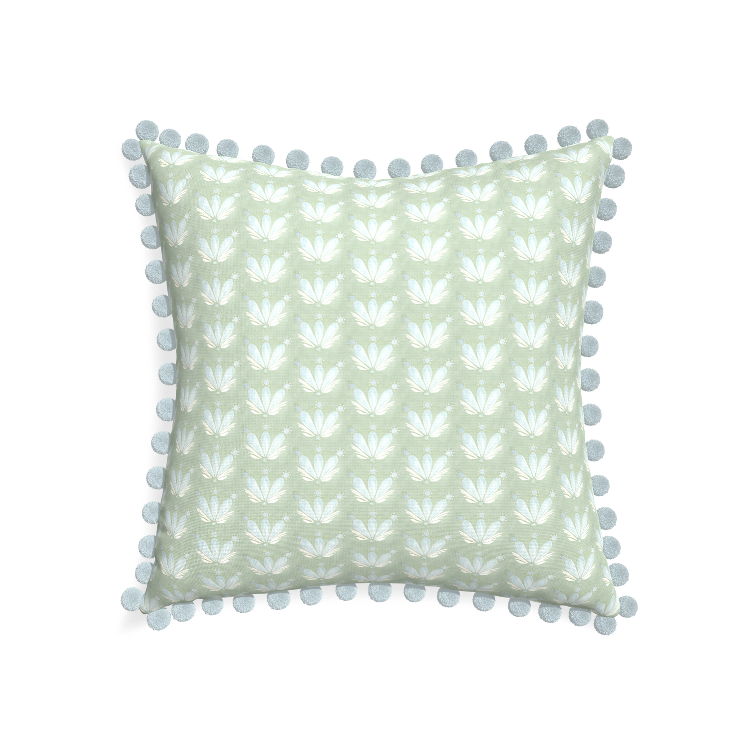 22-square serena sea salt custom blue & green floral drop repeatpillow with powder pom pom on white background