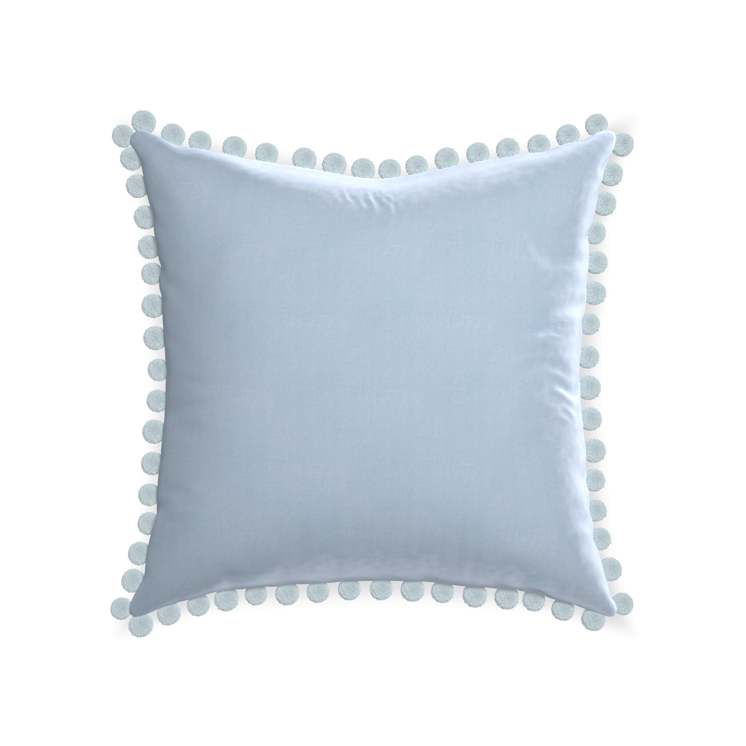 22-square sky velvet custom pillow with powder pom pom on white background