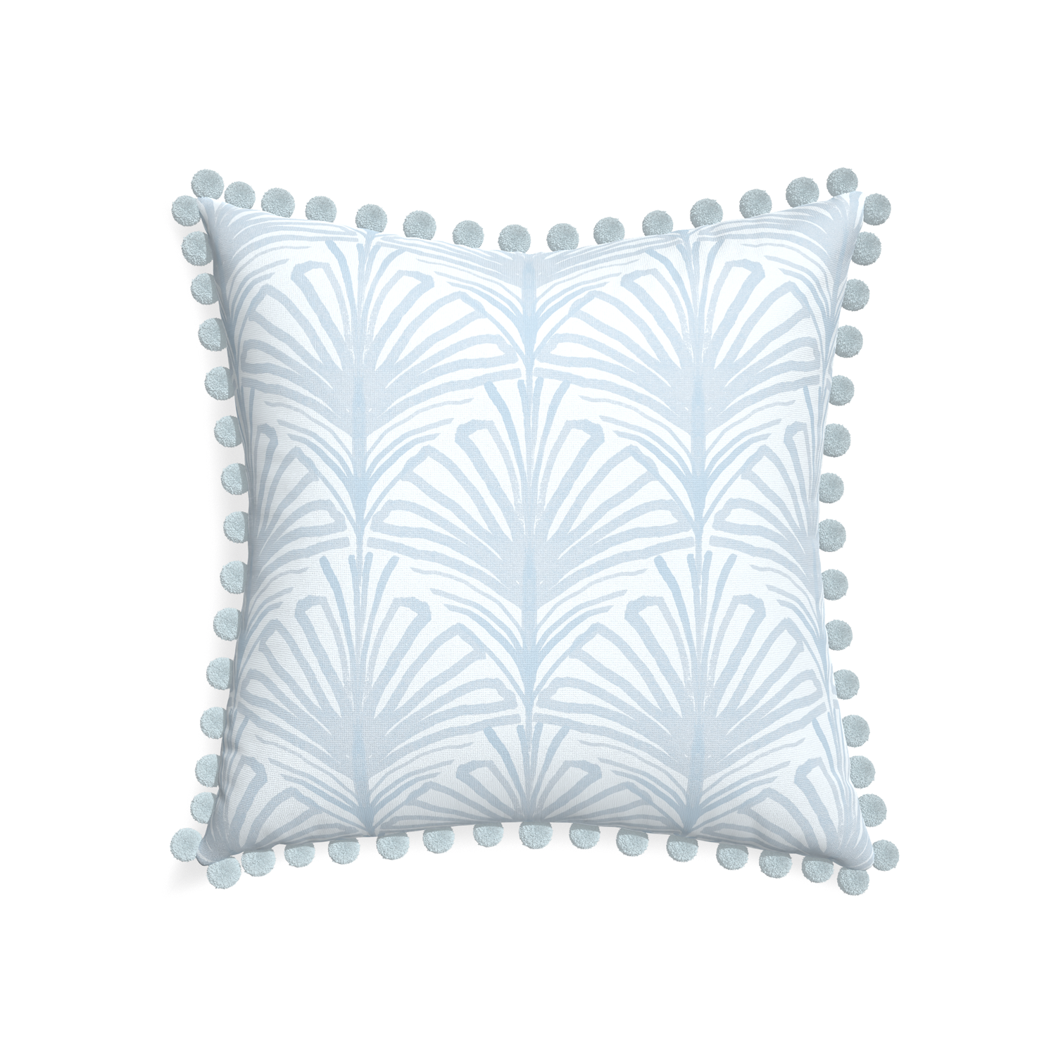22-square suzy sky custom pillow with powder pom pom on white background