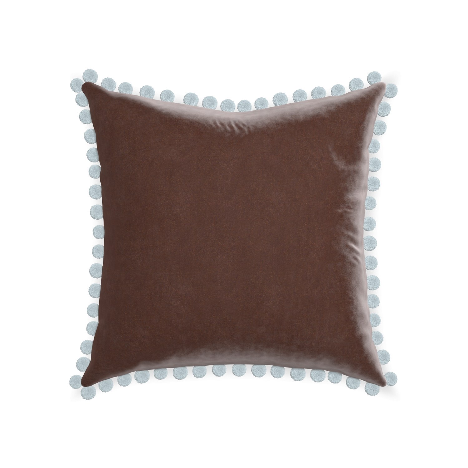 22-square walnut velvet custom pillow with powder pom pom on white background