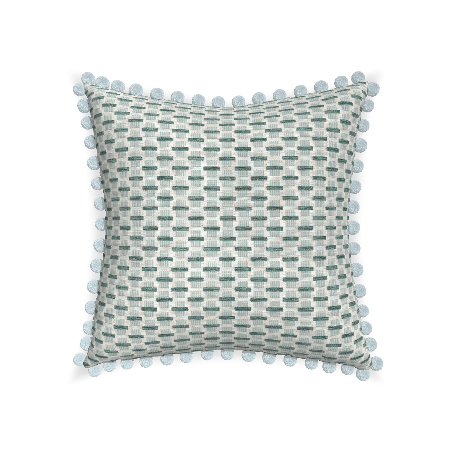 22-square willow mint custom green geometric chenillepillow with powder pom pom on white background