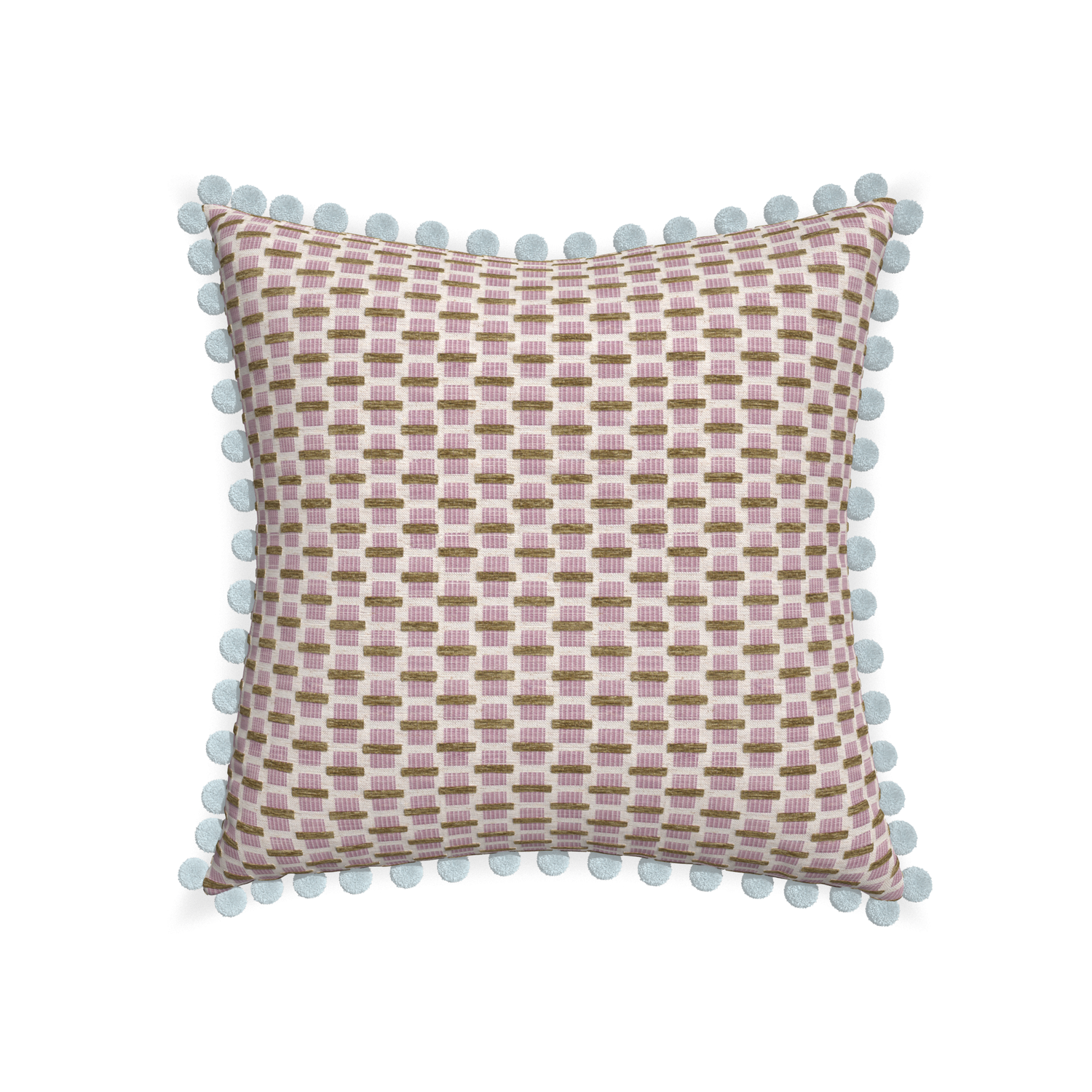 22-square willow orchid custom pink geometric chenillepillow with powder pom pom on white background