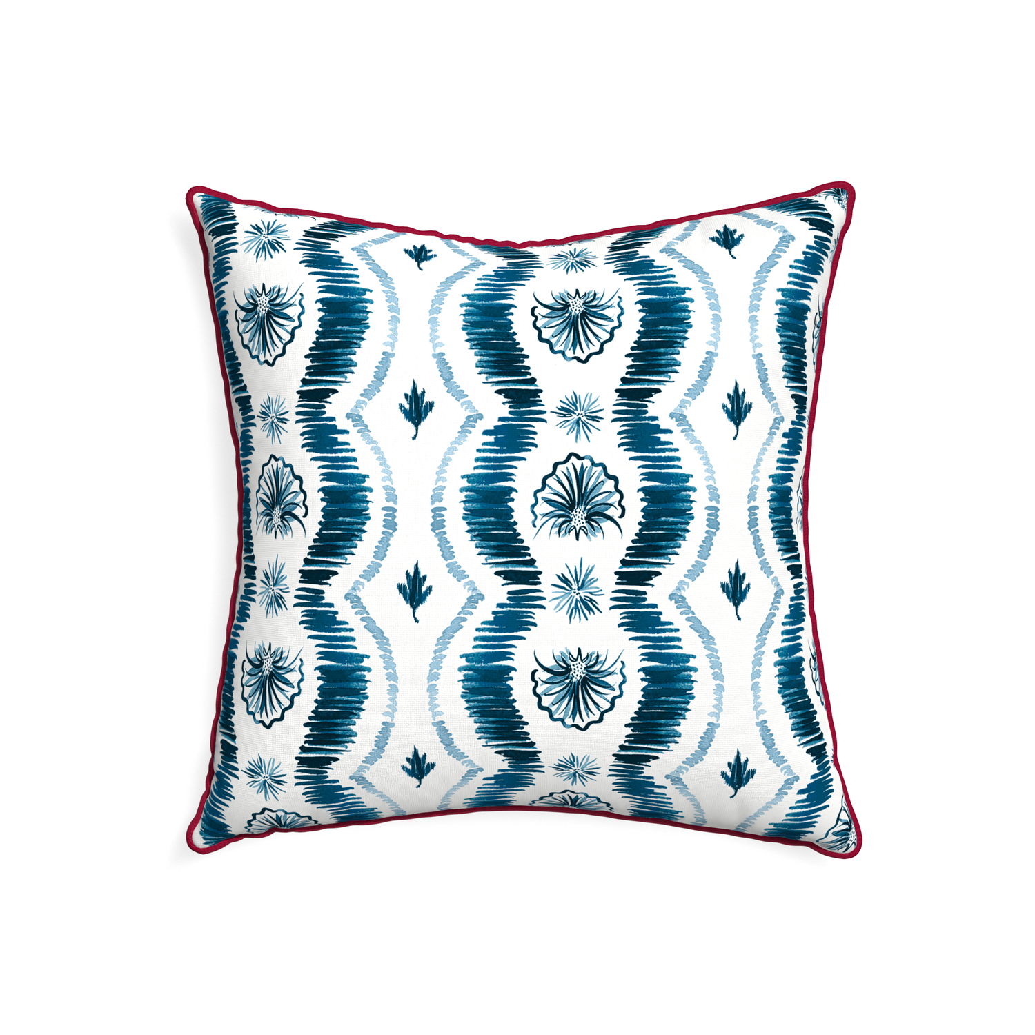 22-square alice custom blue ikatpillow with raspberry piping on white background